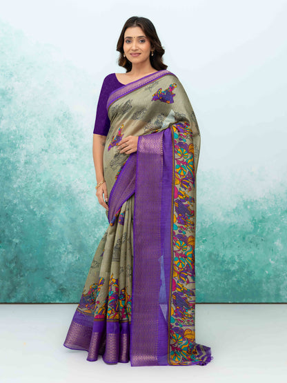 Gray &amp; Purple Poly Cotton Saree