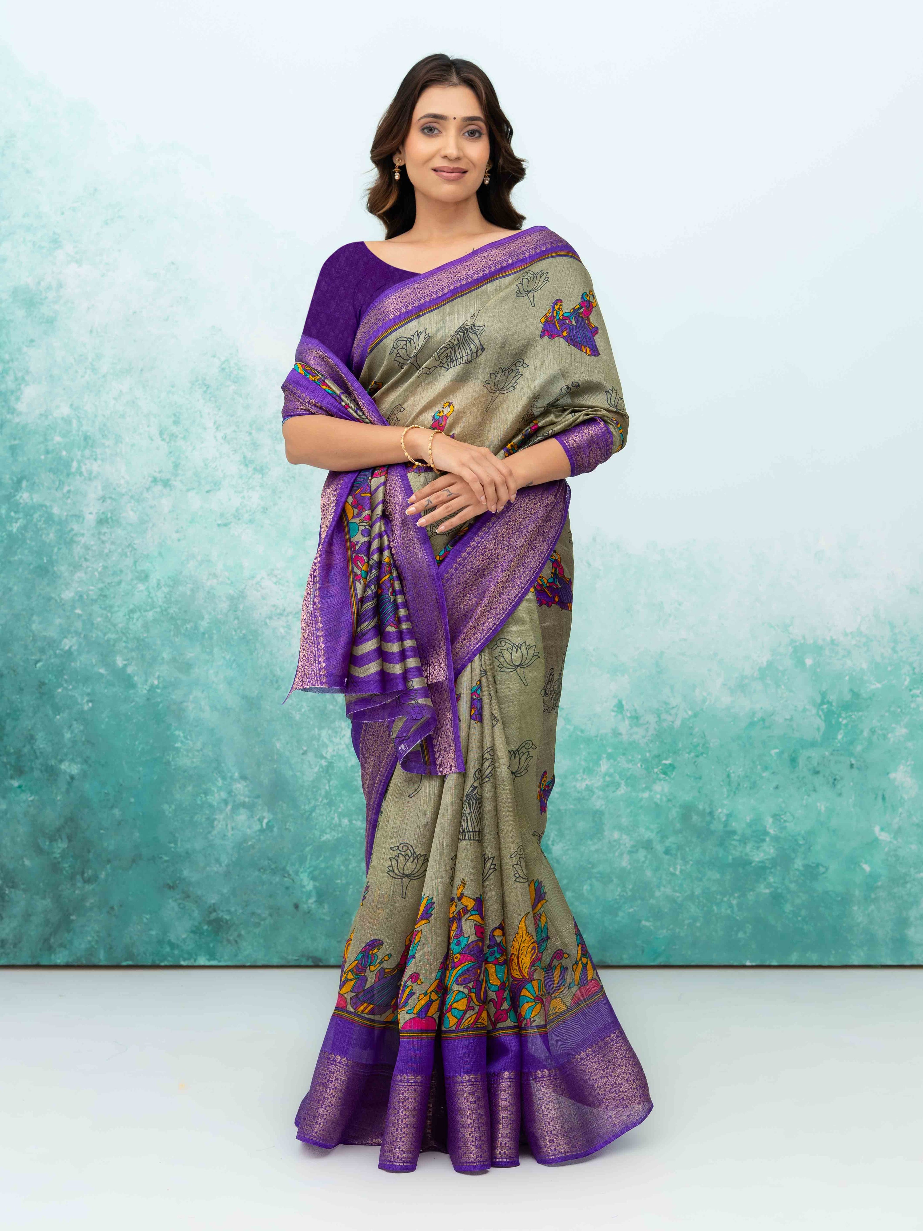 Gray &amp; Purple Poly Cotton Saree