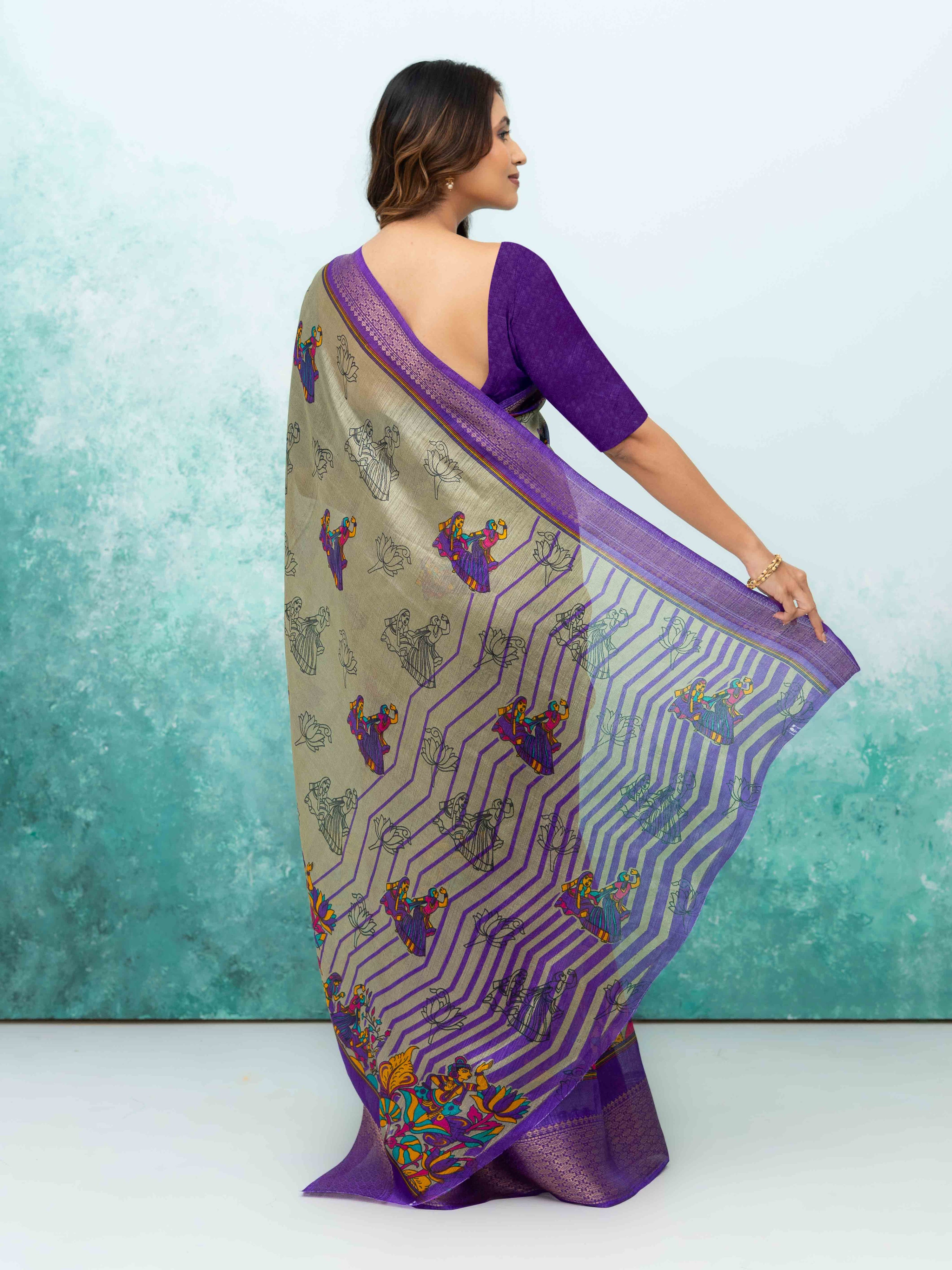 Gray &amp; Purple Poly Cotton Saree