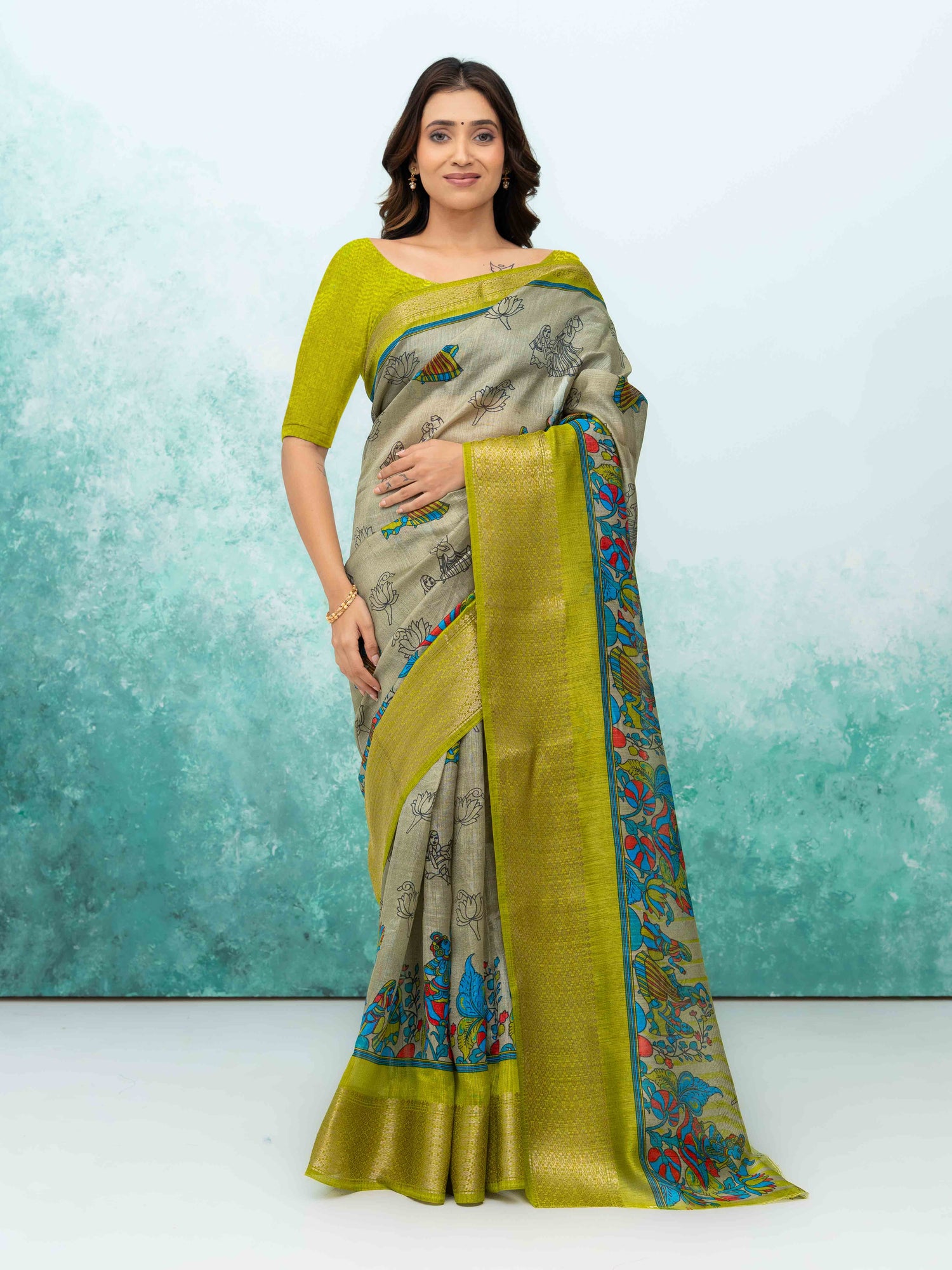 Gray &amp; Olive Green Poly Cotton Saree