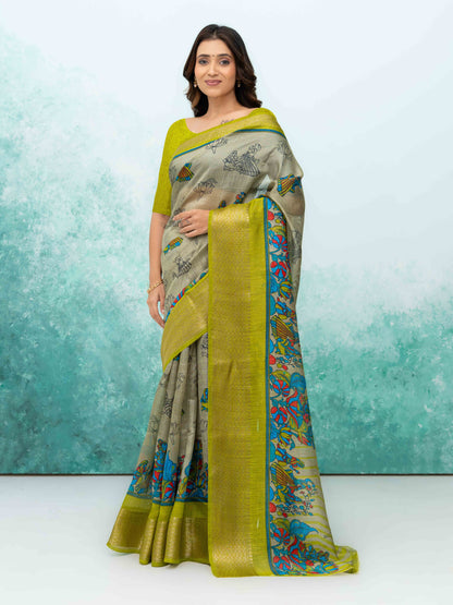 Gray &amp; Olive Green Poly Cotton Saree