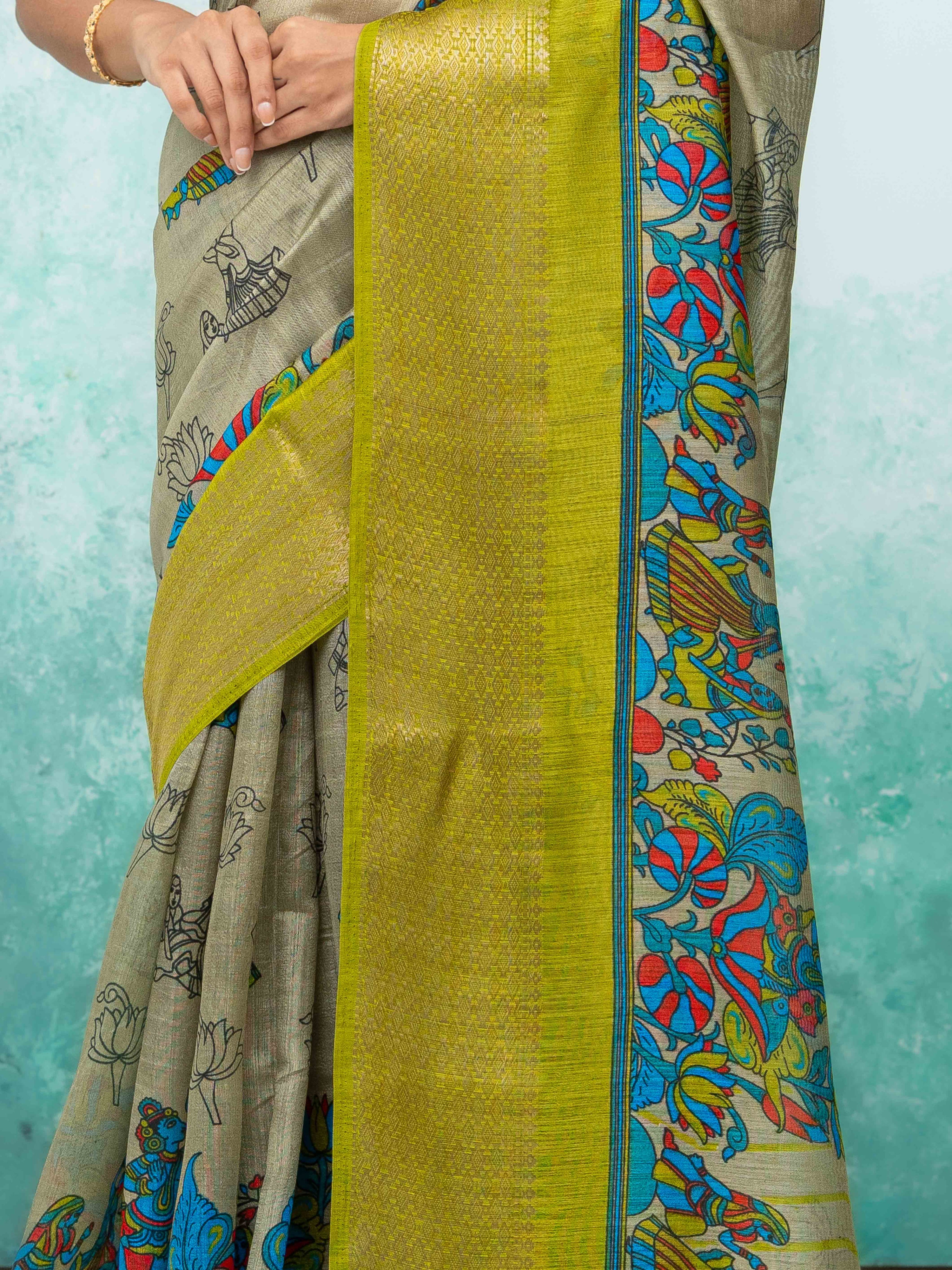 Gray &amp; Olive Green Poly Cotton Saree