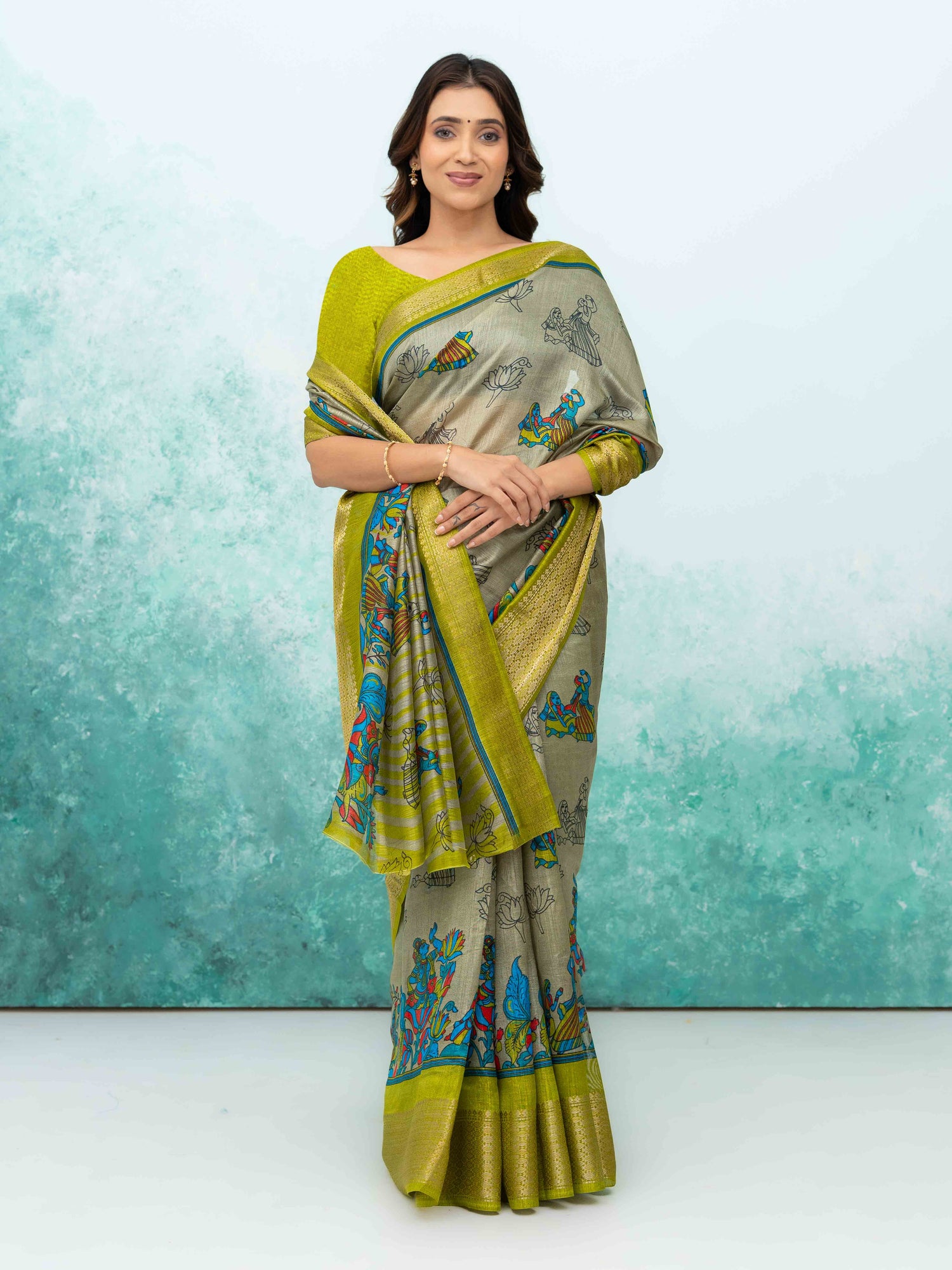 Gray &amp; Olive Green Poly Cotton Saree