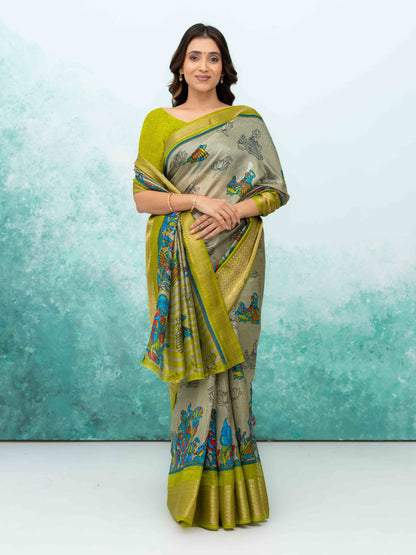 Gray &amp; Olive Green Poly Cotton Saree