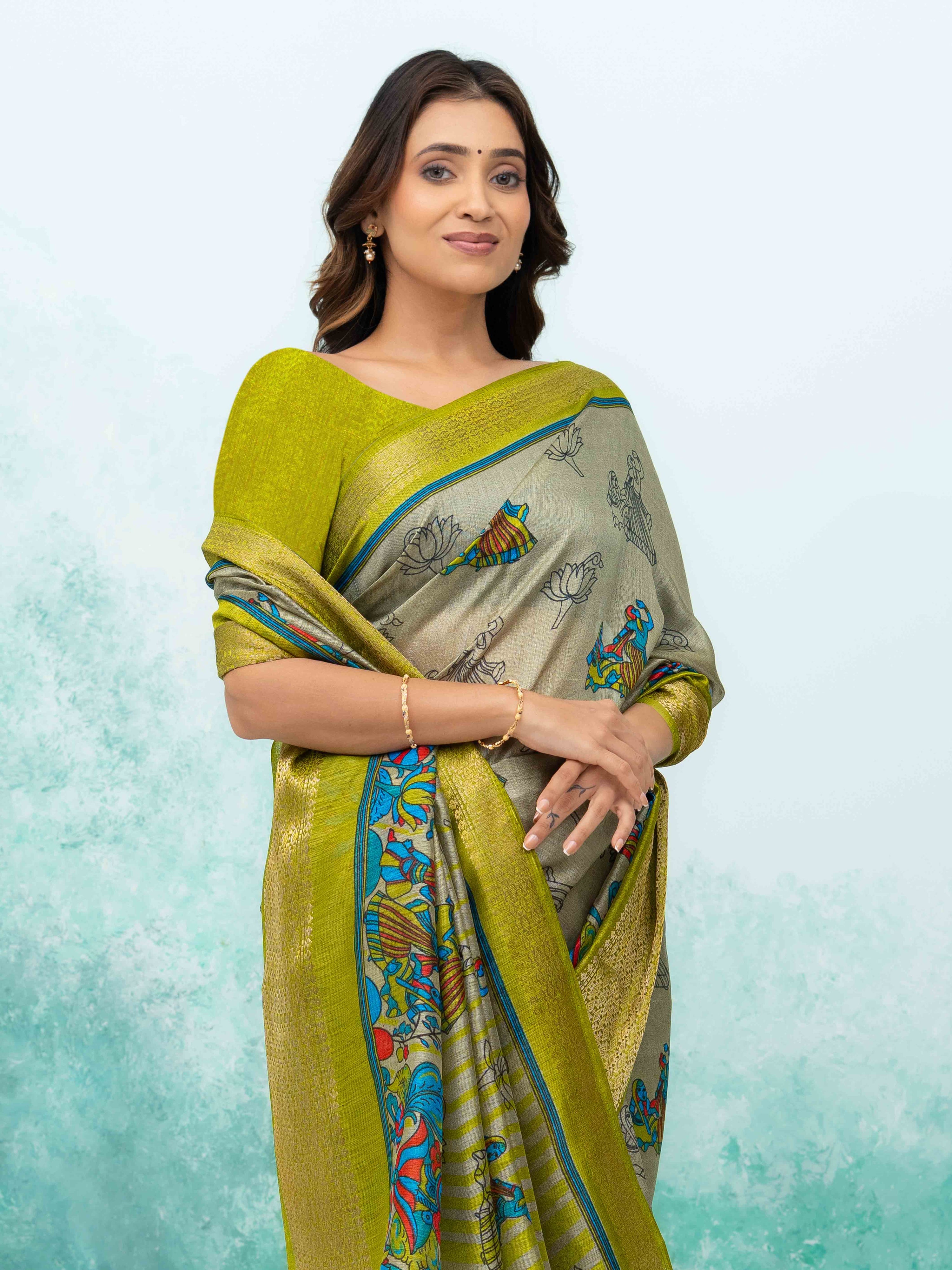 Gray &amp; Olive Green Poly Cotton Saree