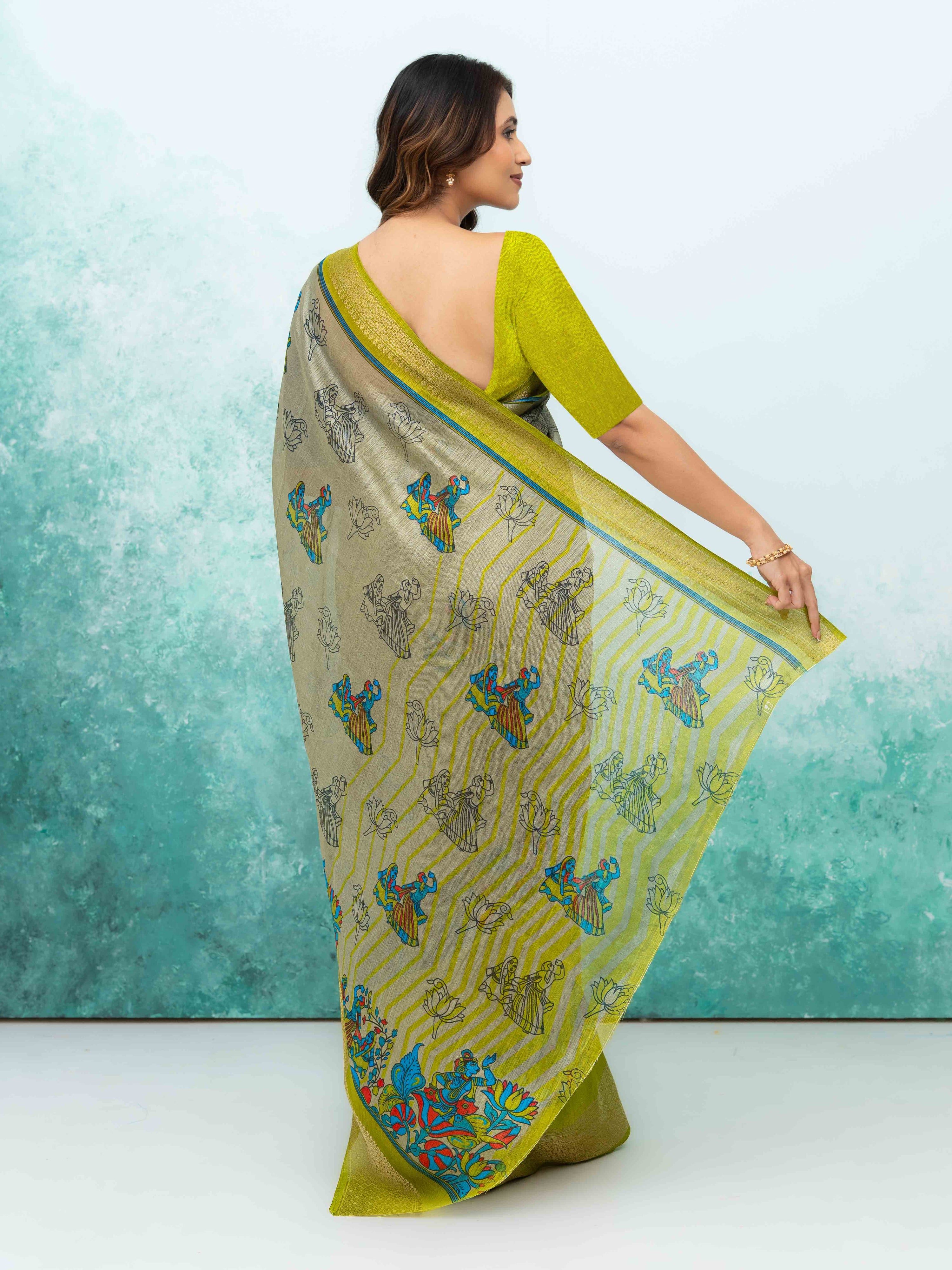 Gray &amp; Olive Green Poly Cotton Saree