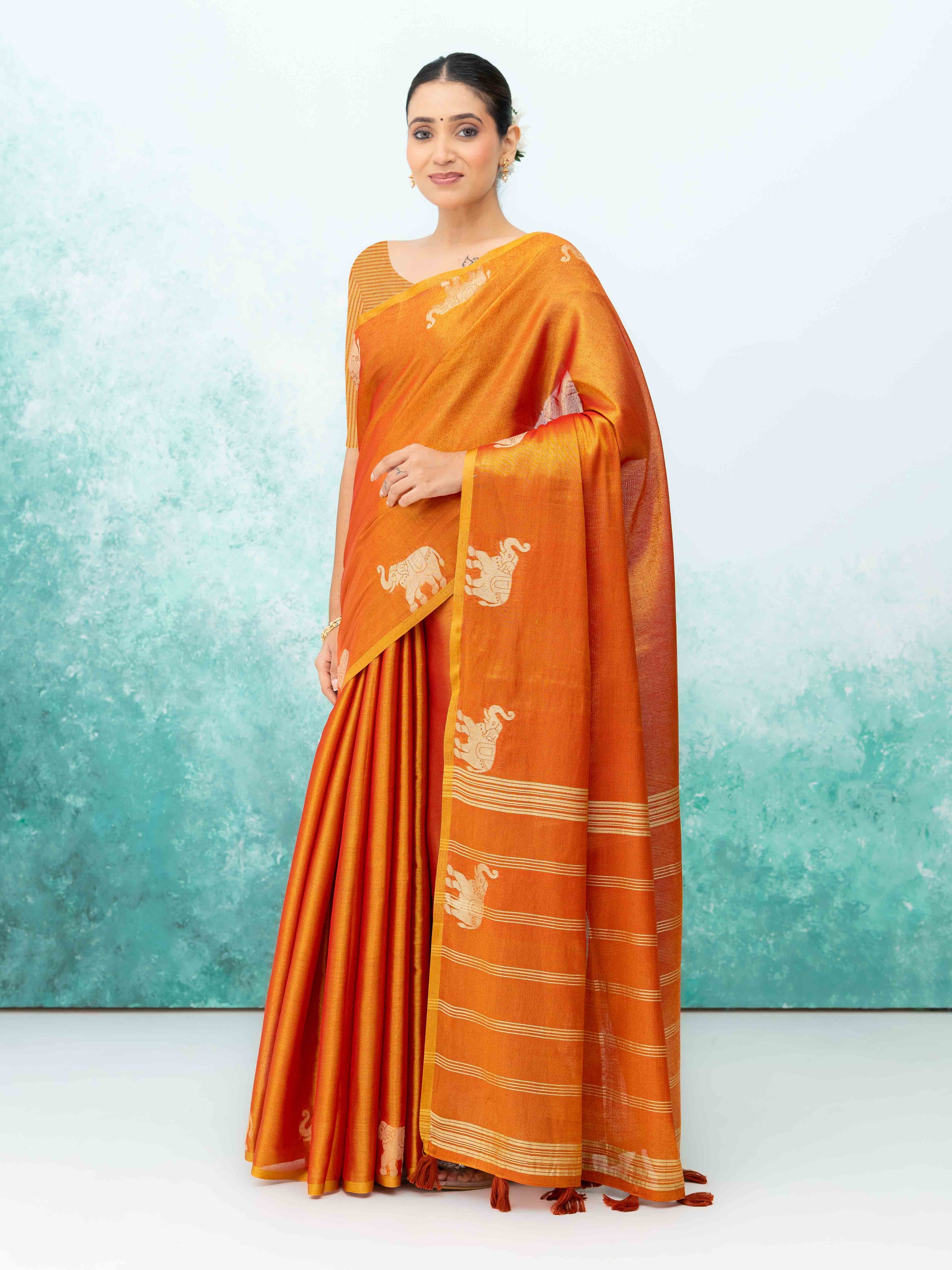 Orange Tusser Silk Saree
