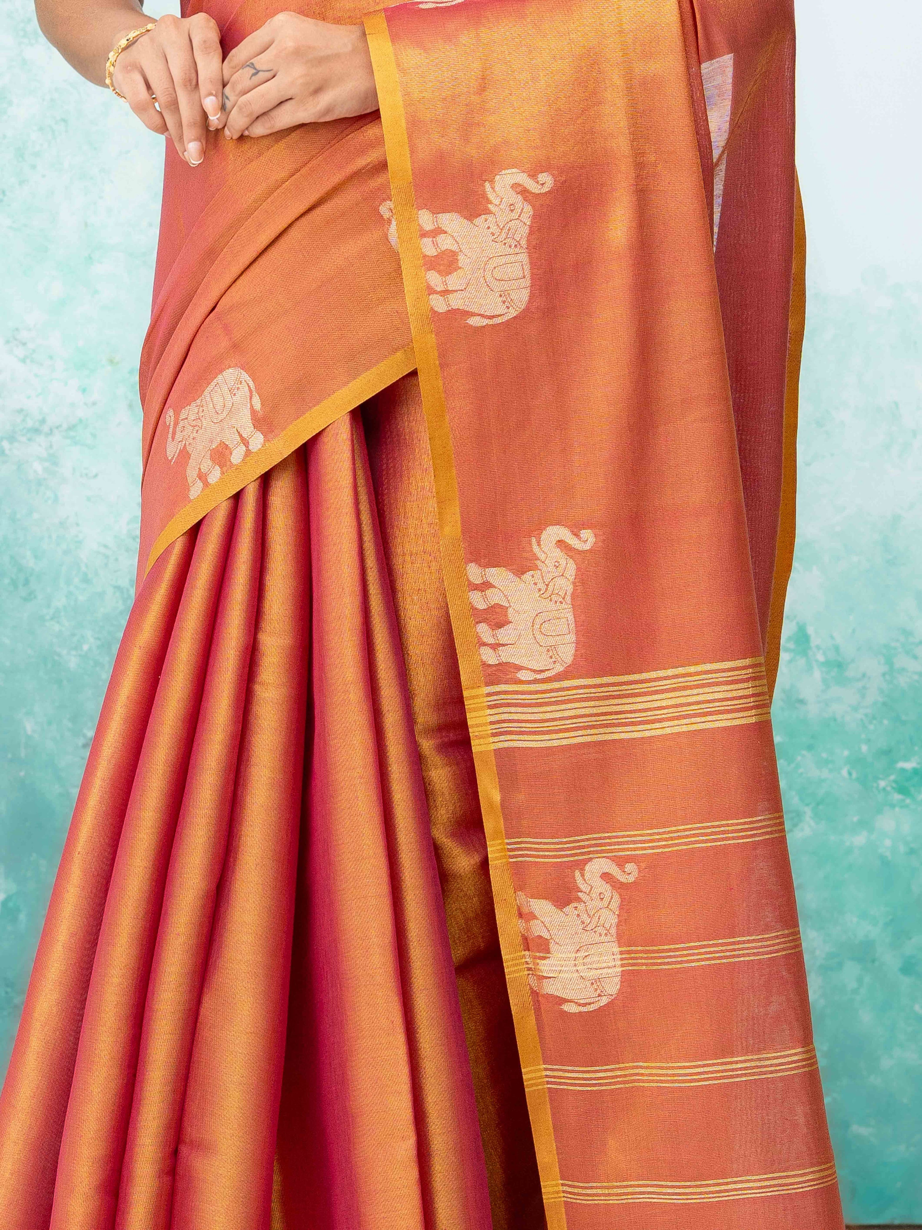 Rust Pink Tusser Silk Saree