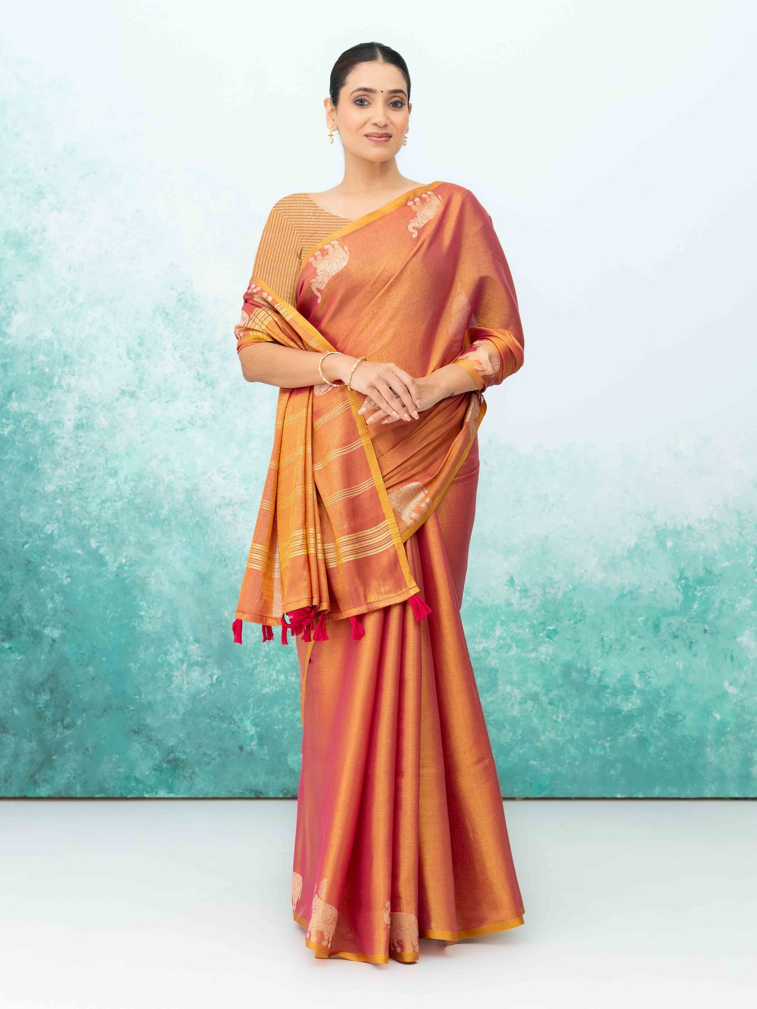 Rust Pink Tusser Silk Saree