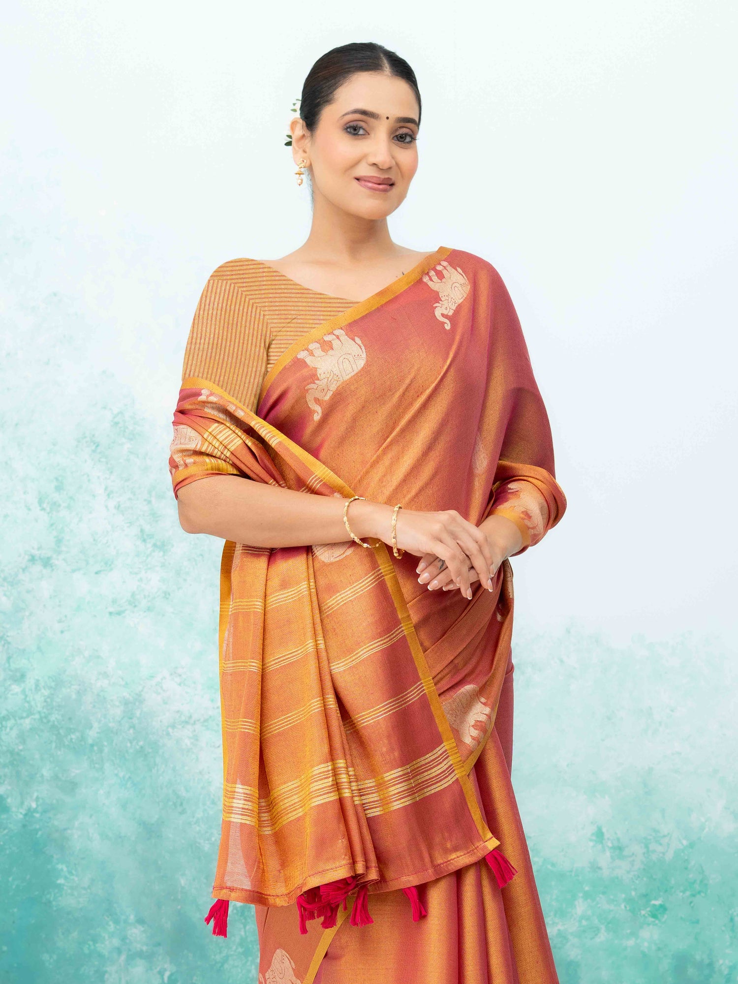 Rust Pink Tusser Silk Saree