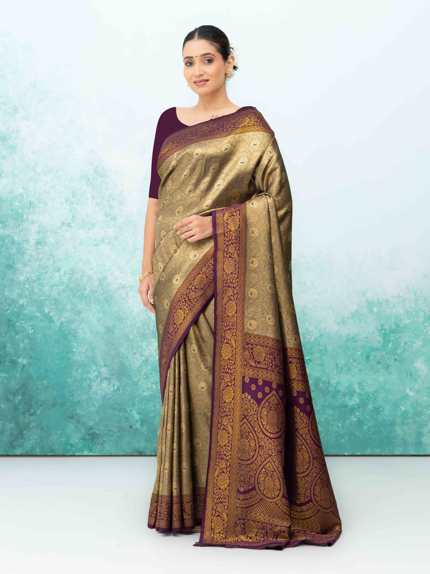 Golden &amp; Purple  Kanchivaram Saree