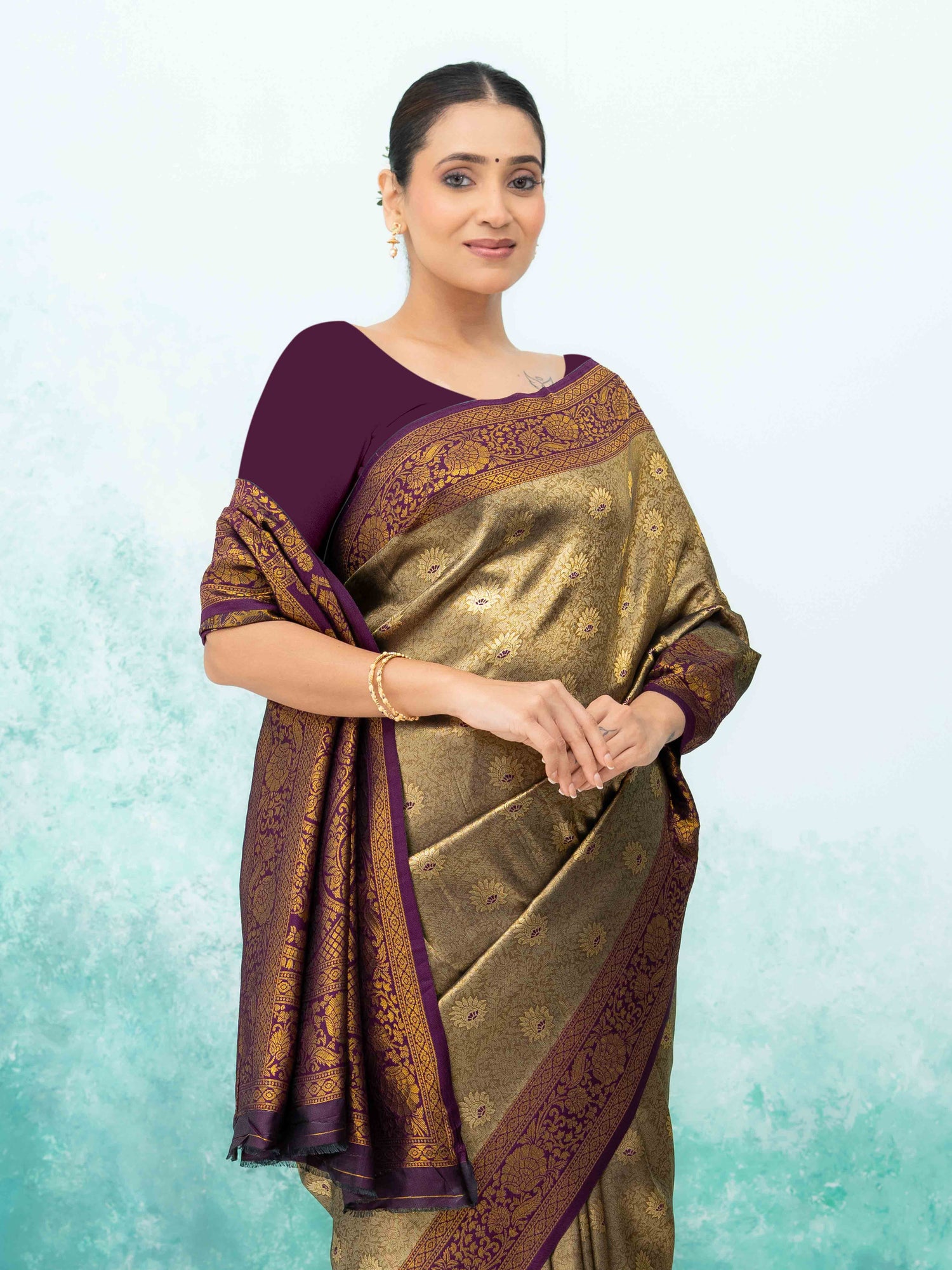 Golden &amp; Purple  Kanchivaram Saree