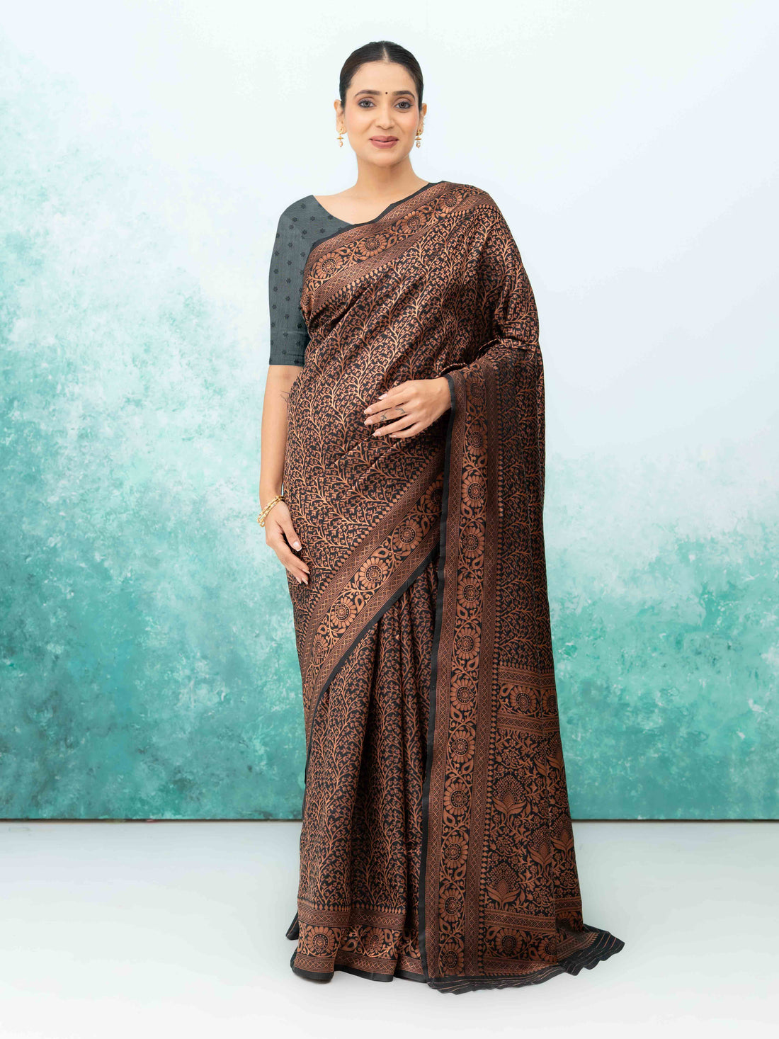 Black &amp; Copper Banarasi Silk Saree