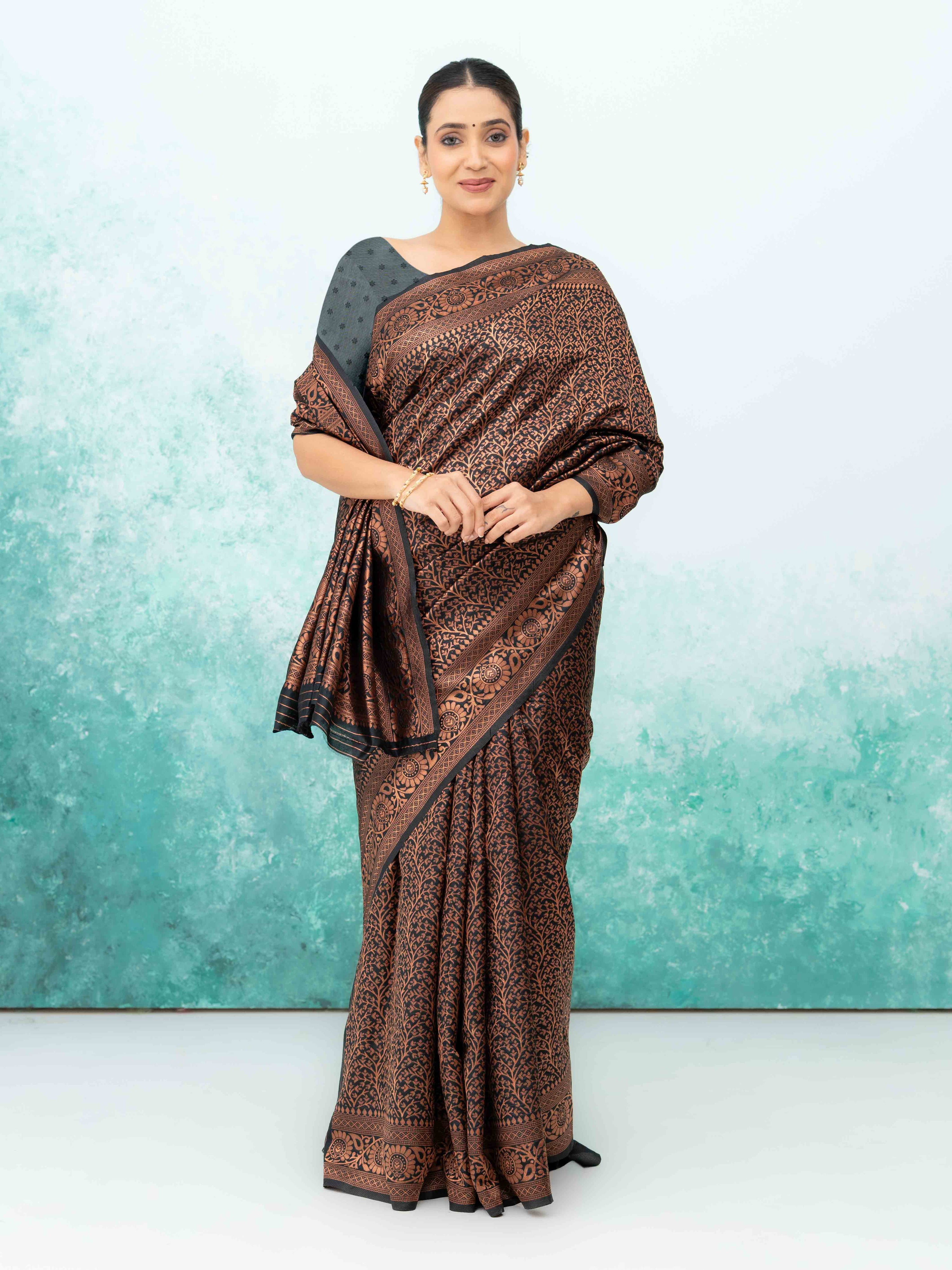 Black &amp; Copper Banarasi Silk Saree
