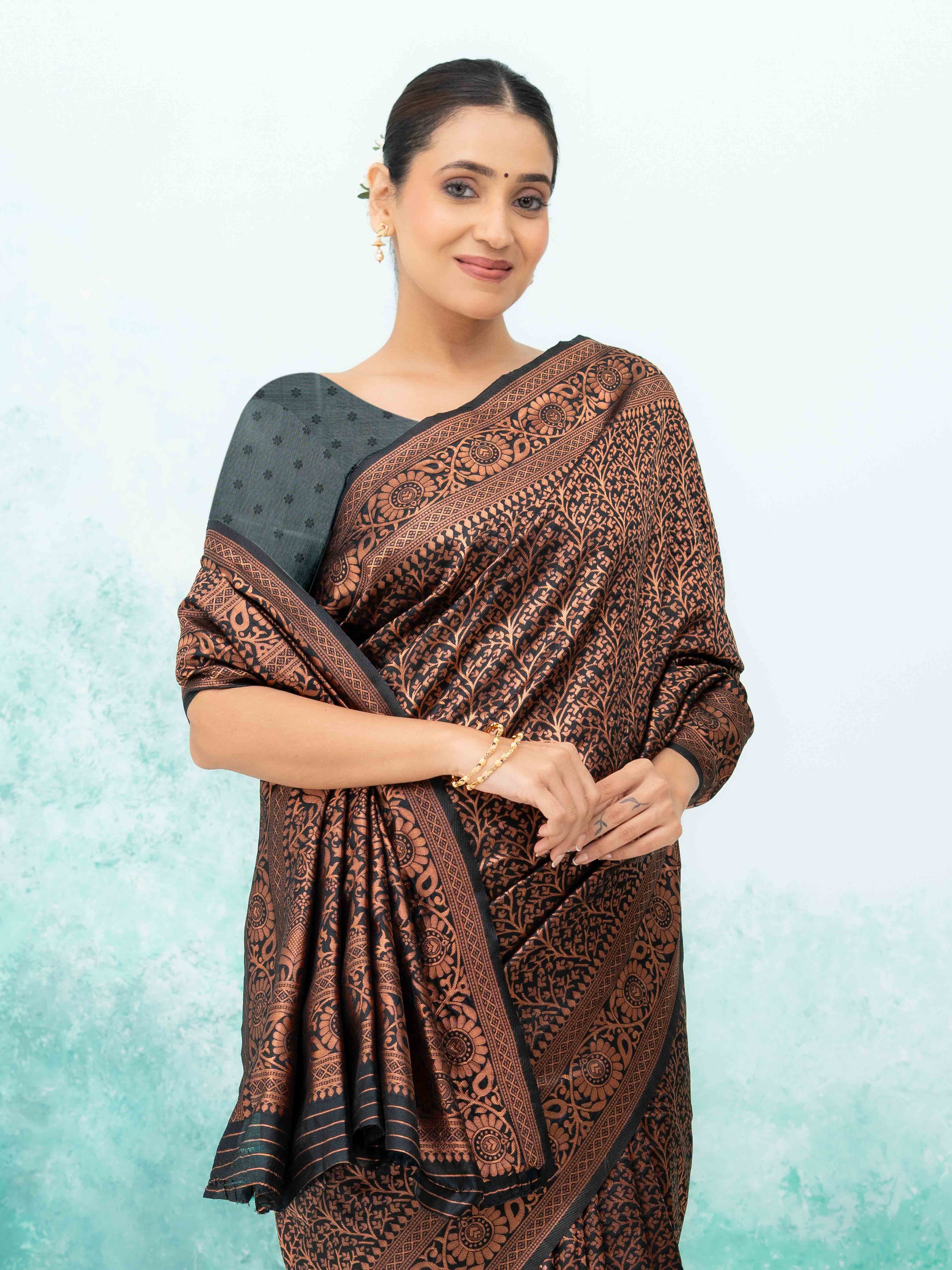 Black &amp; Copper Banarasi Silk Saree
