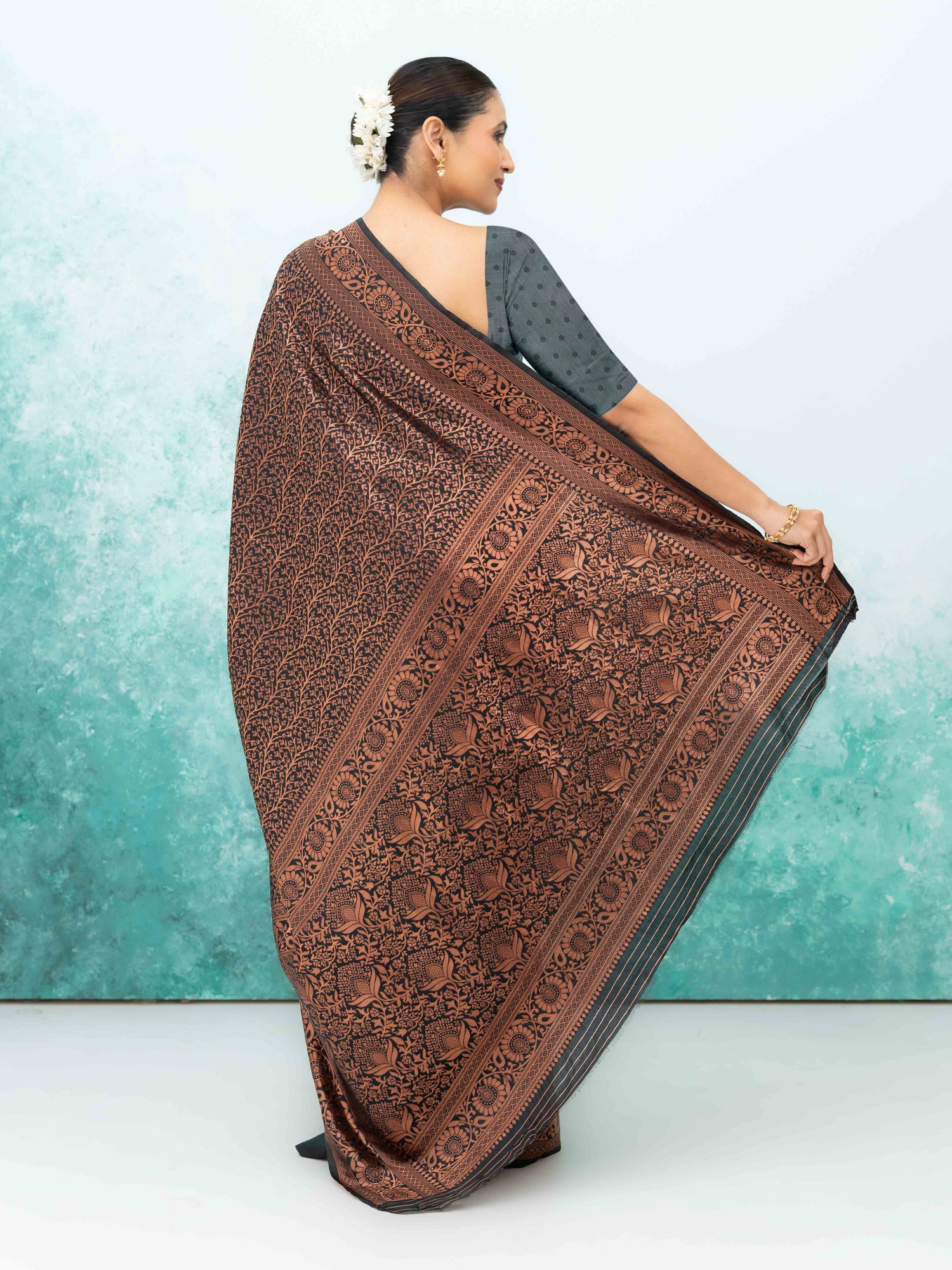 Black &amp; Copper Banarasi Silk Saree