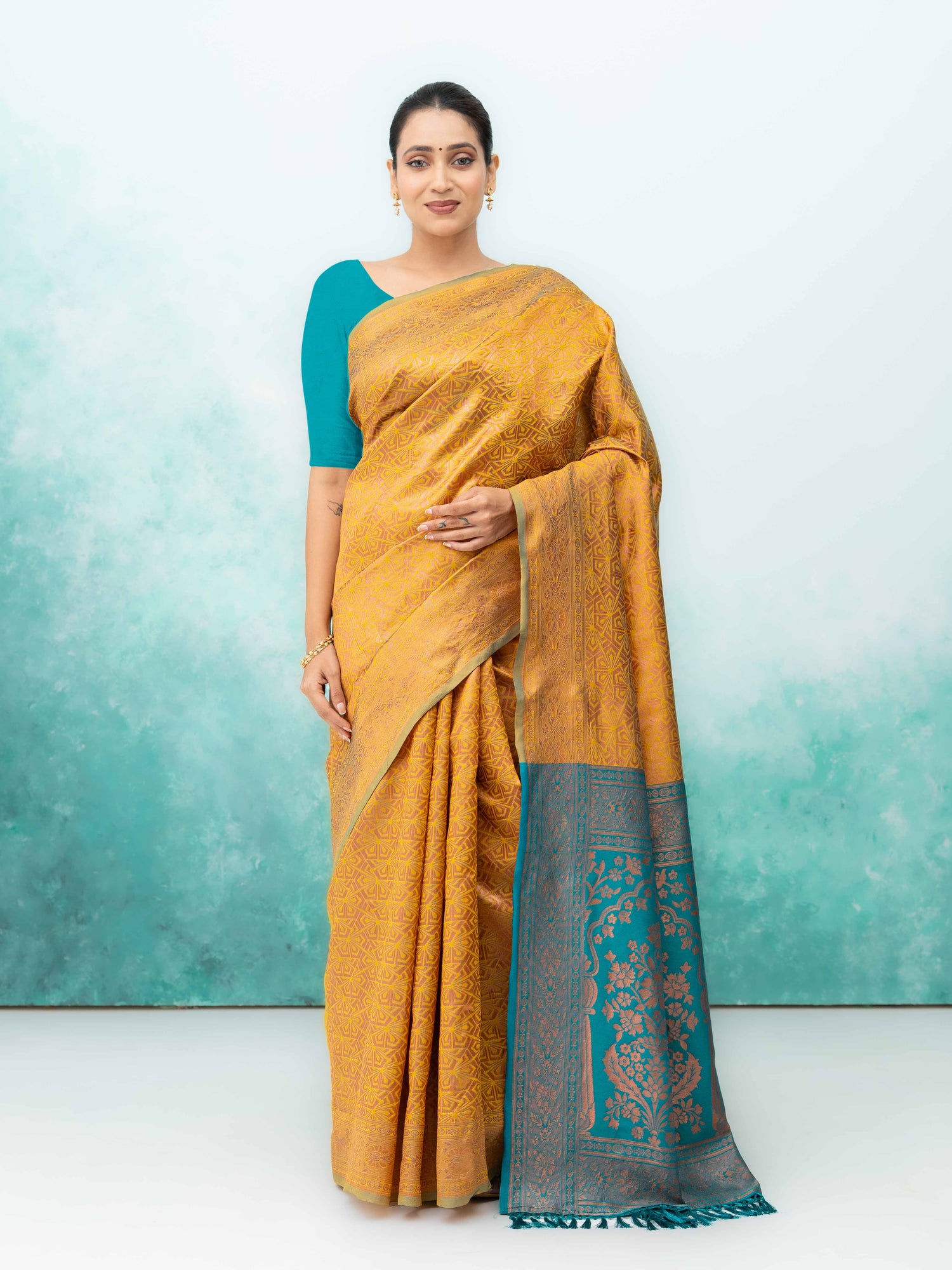 Yellow &amp; Teal Poly Silk Saree
