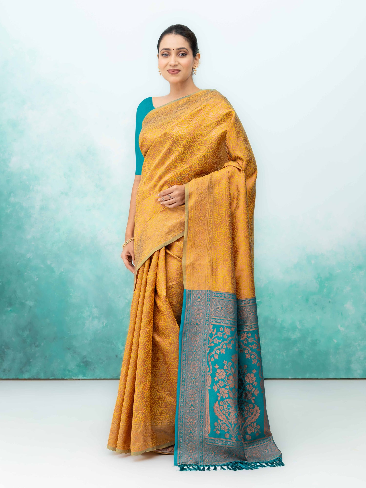 Yellow &amp; Teal Poly Silk Saree
