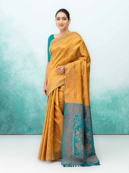 Yellow &amp; Teal Poly Silk Saree