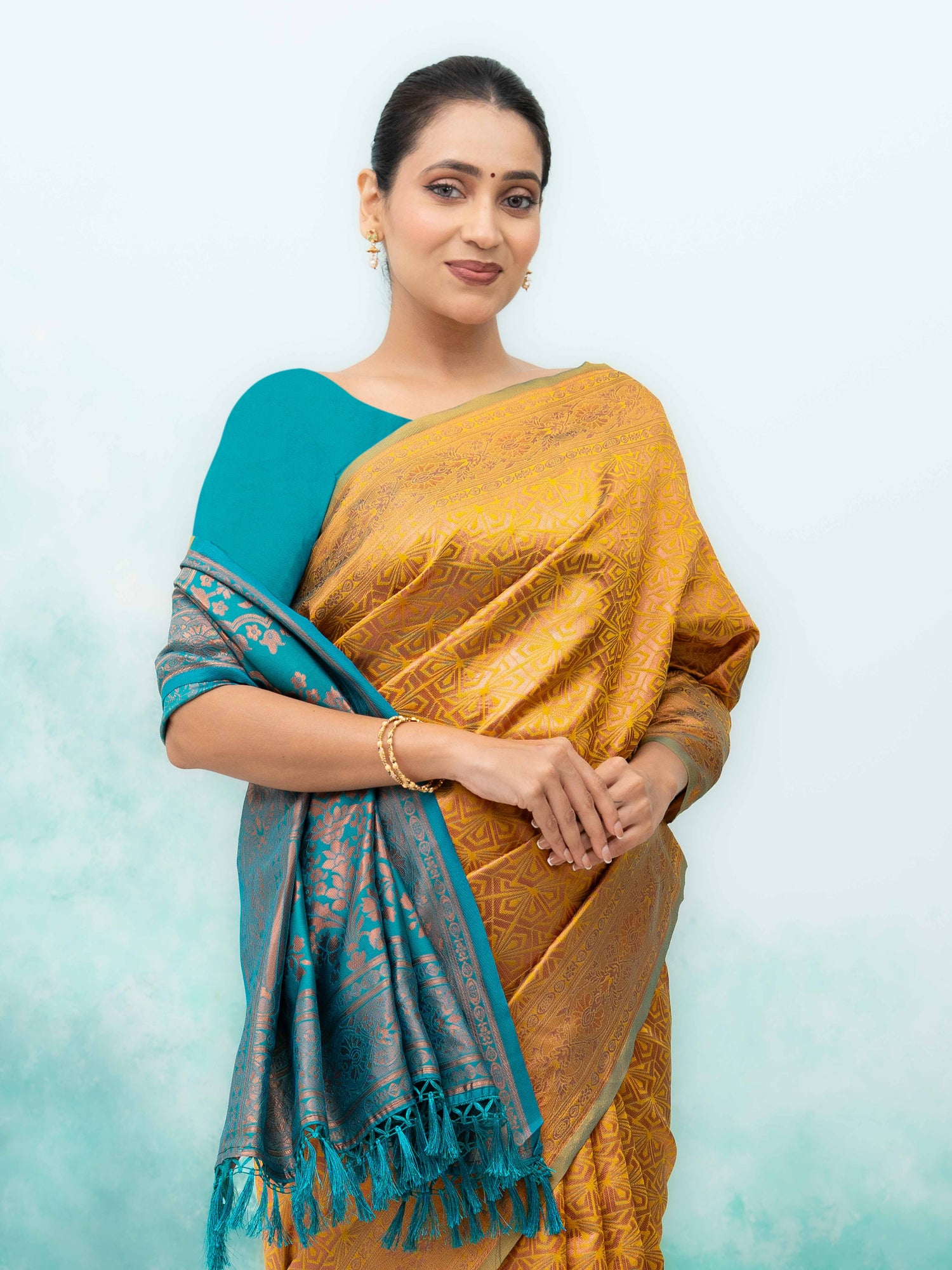 Yellow &amp; Teal Poly Silk Saree