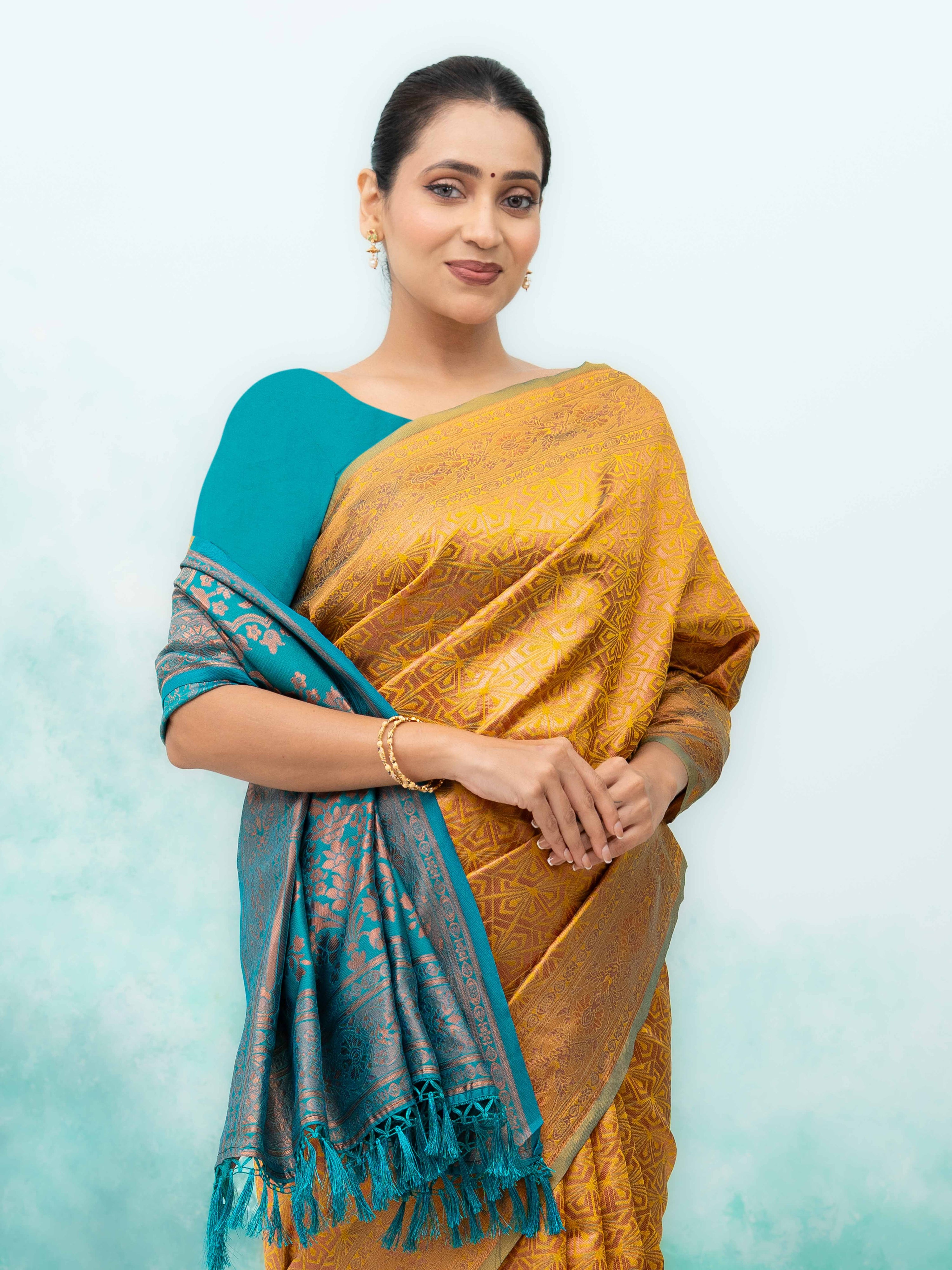 Yellow &amp; Teal Poly Silk Saree