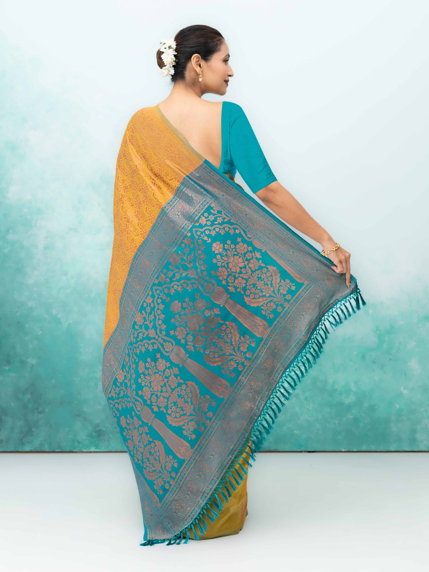 Yellow &amp; Teal Poly Silk Saree