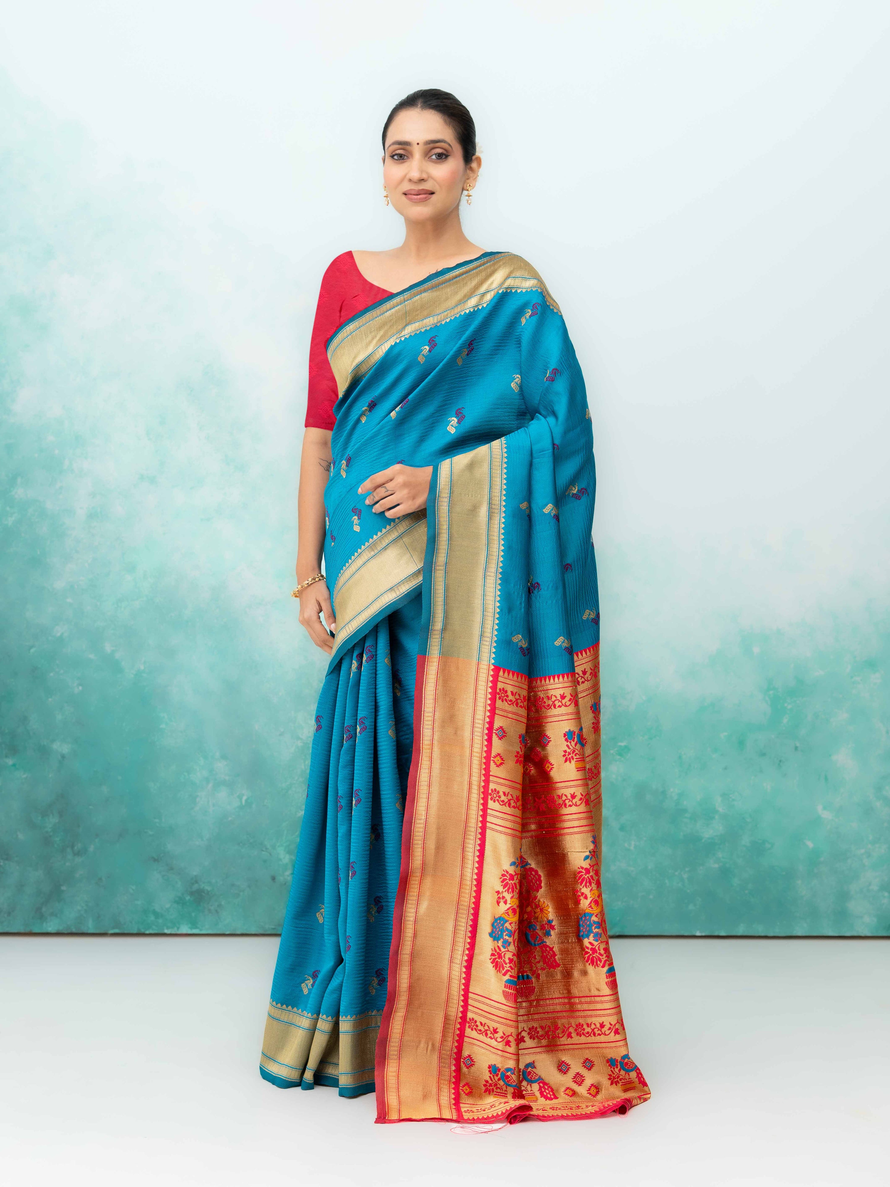 Sky Blue &amp; Pink Paithani Silk Saree