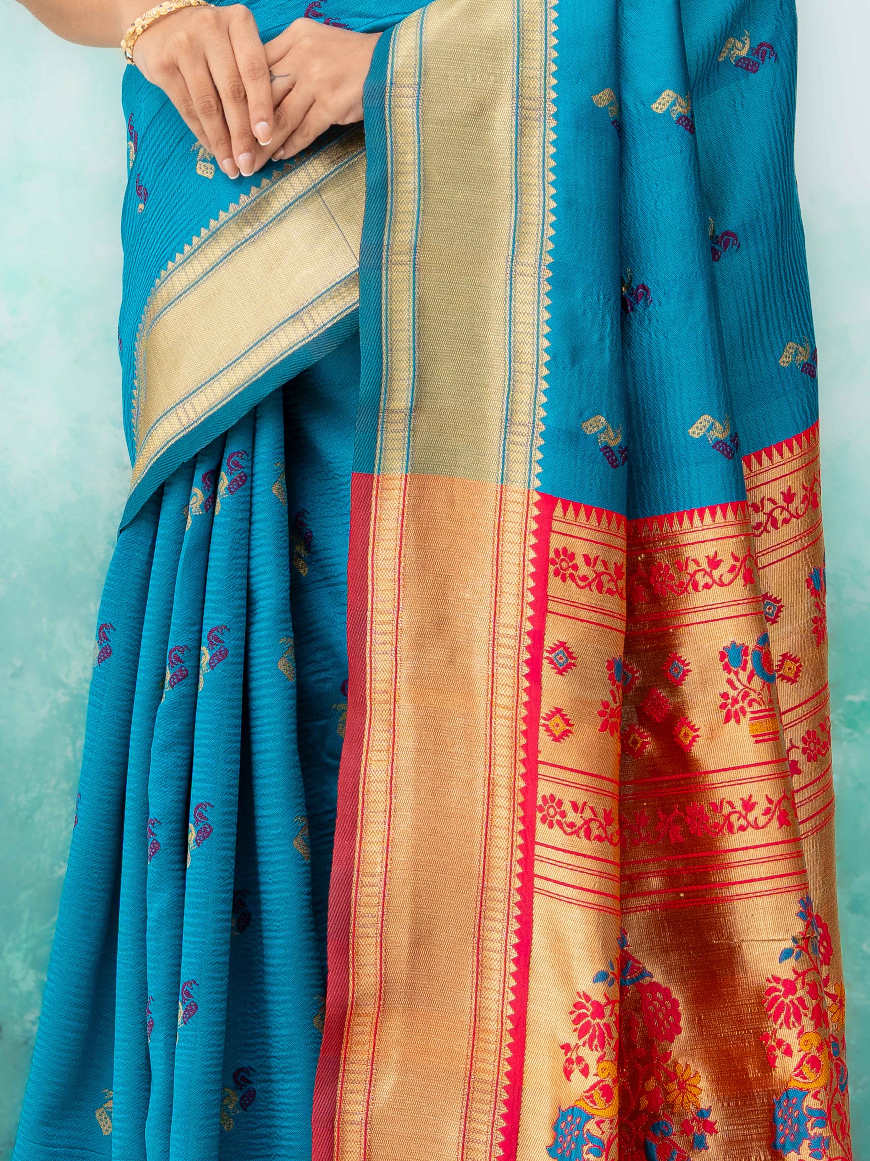 Sky Blue &amp; Pink Paithani Silk Saree