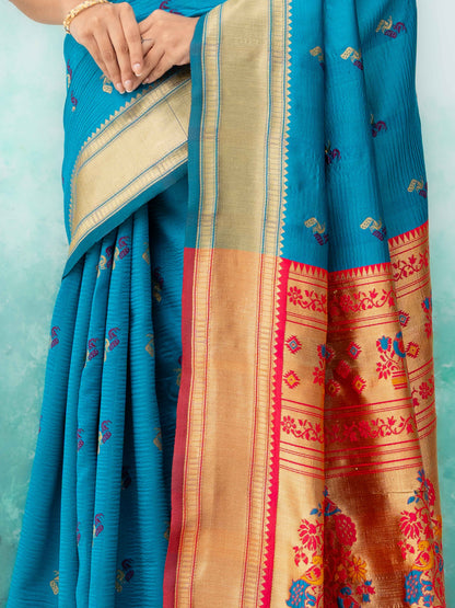 Sky Blue &amp; Pink Paithani Silk Saree