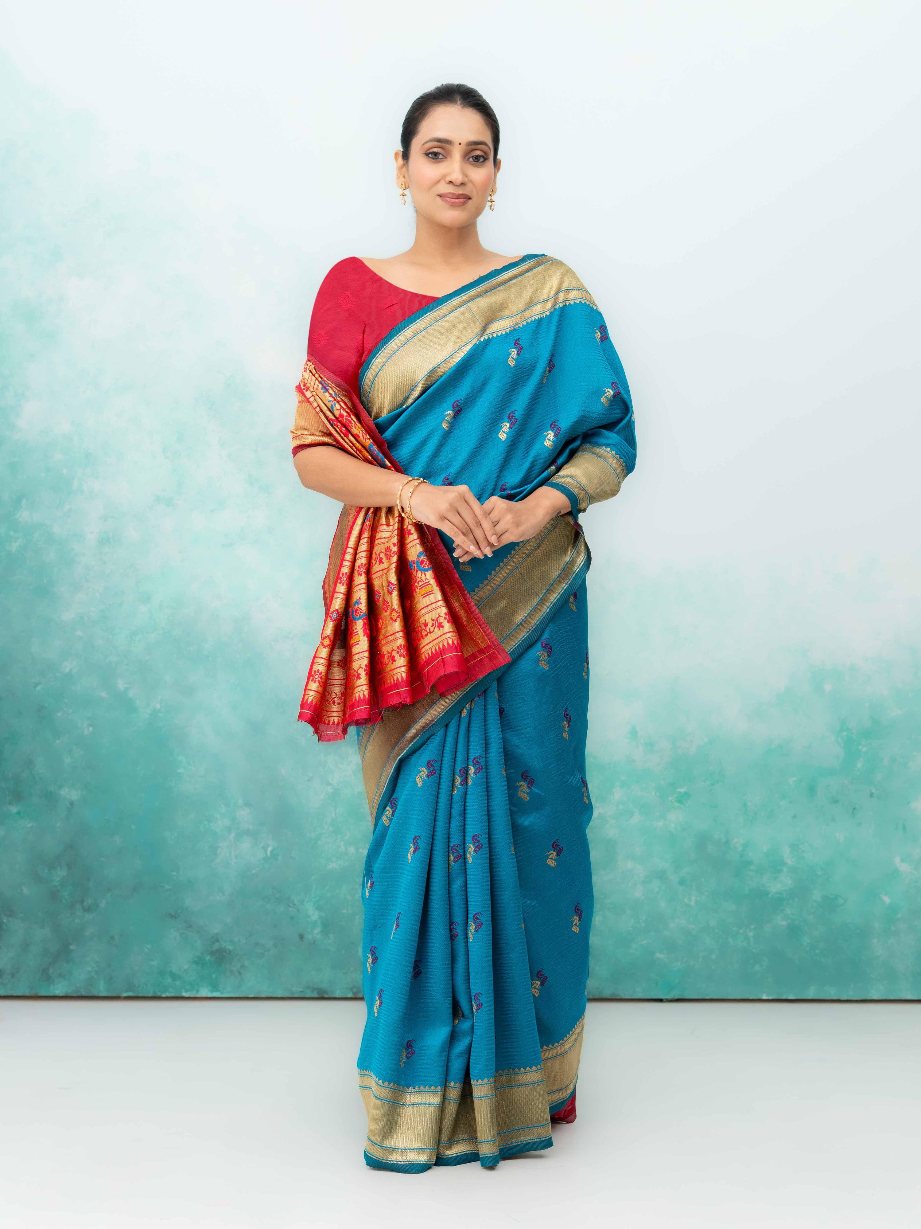 Sky Blue &amp; Pink Paithani Silk Saree