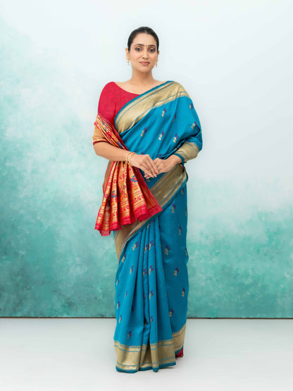 Sky Blue &amp; Pink Paithani Silk Saree