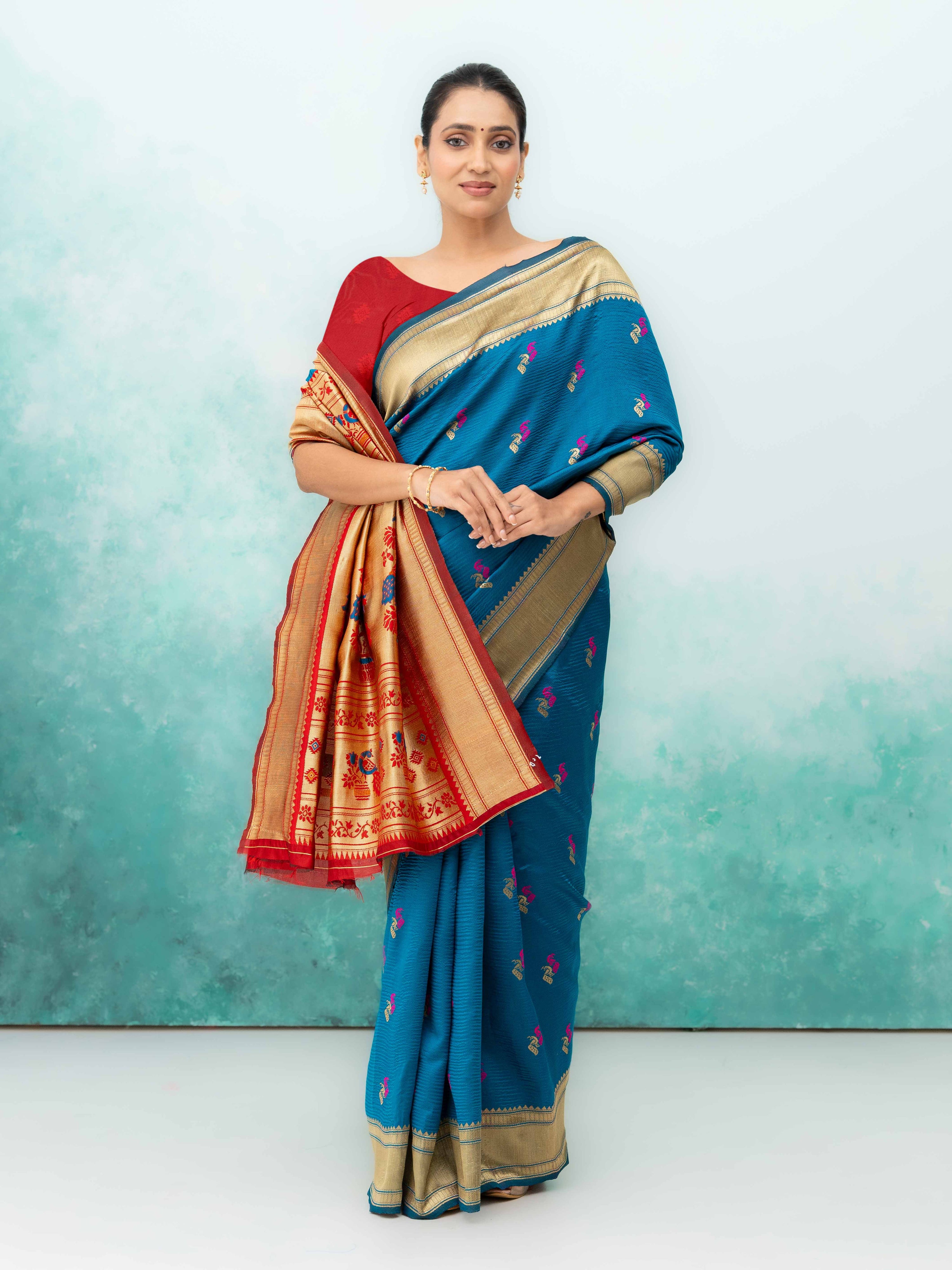 Rama &amp; Red Paithani Silk Saree