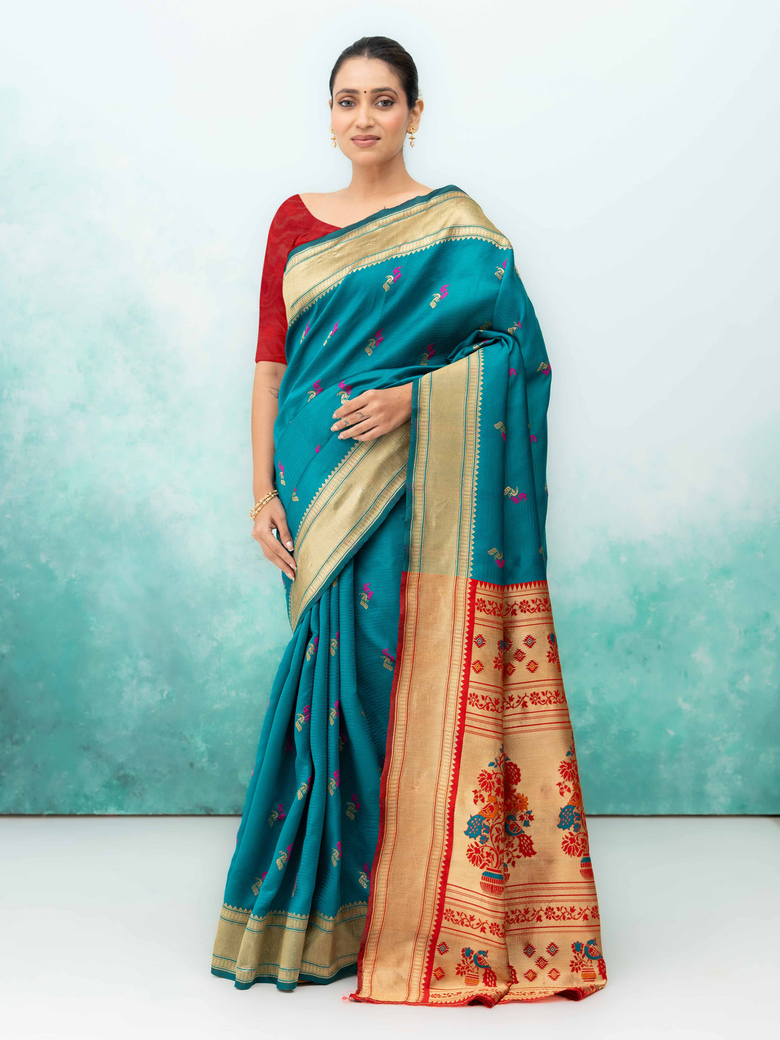 Blue &amp; Red Paithani Silk Saree