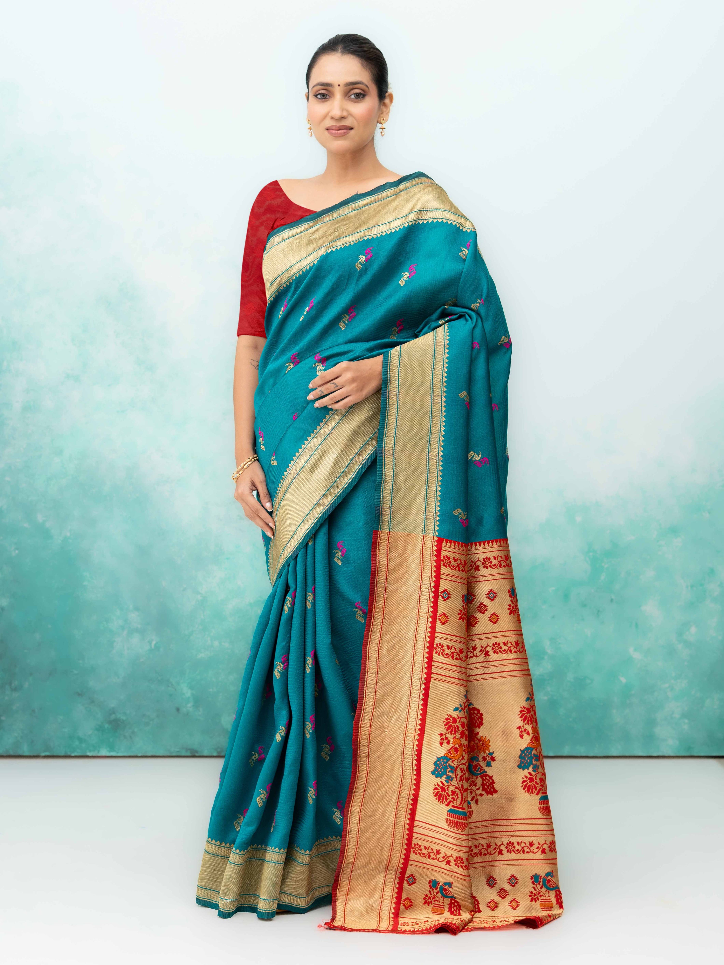 Blue &amp; Red Paithani Silk Saree