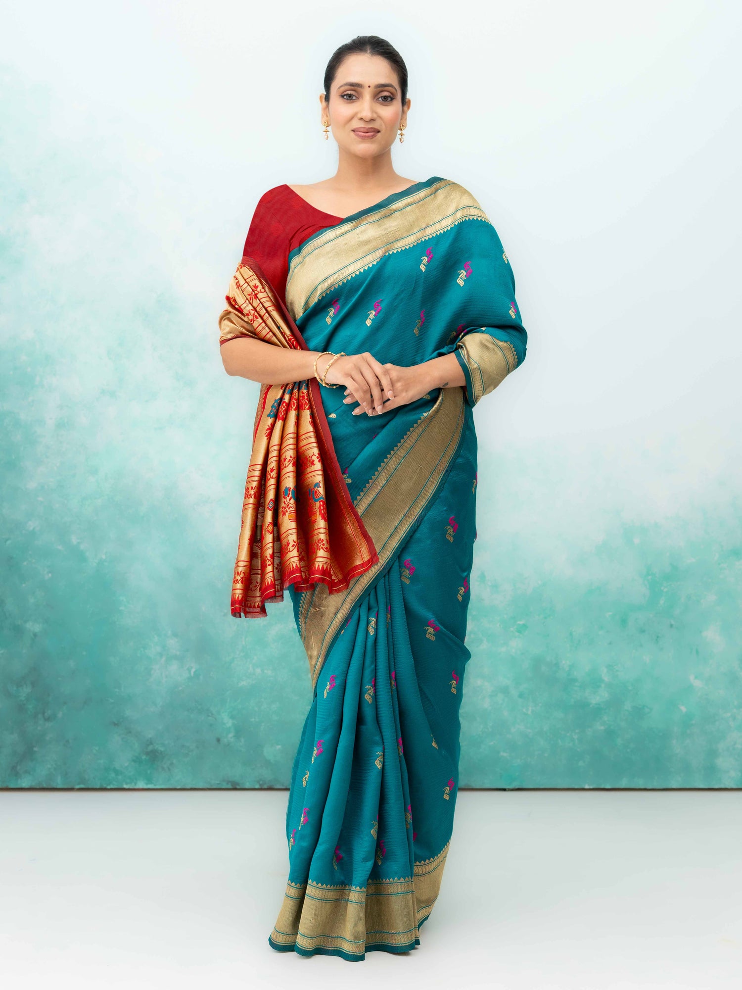 Blue &amp; Red Paithani Silk Saree