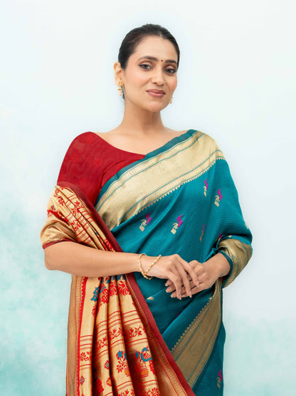 Blue &amp; Red Paithani Silk Saree