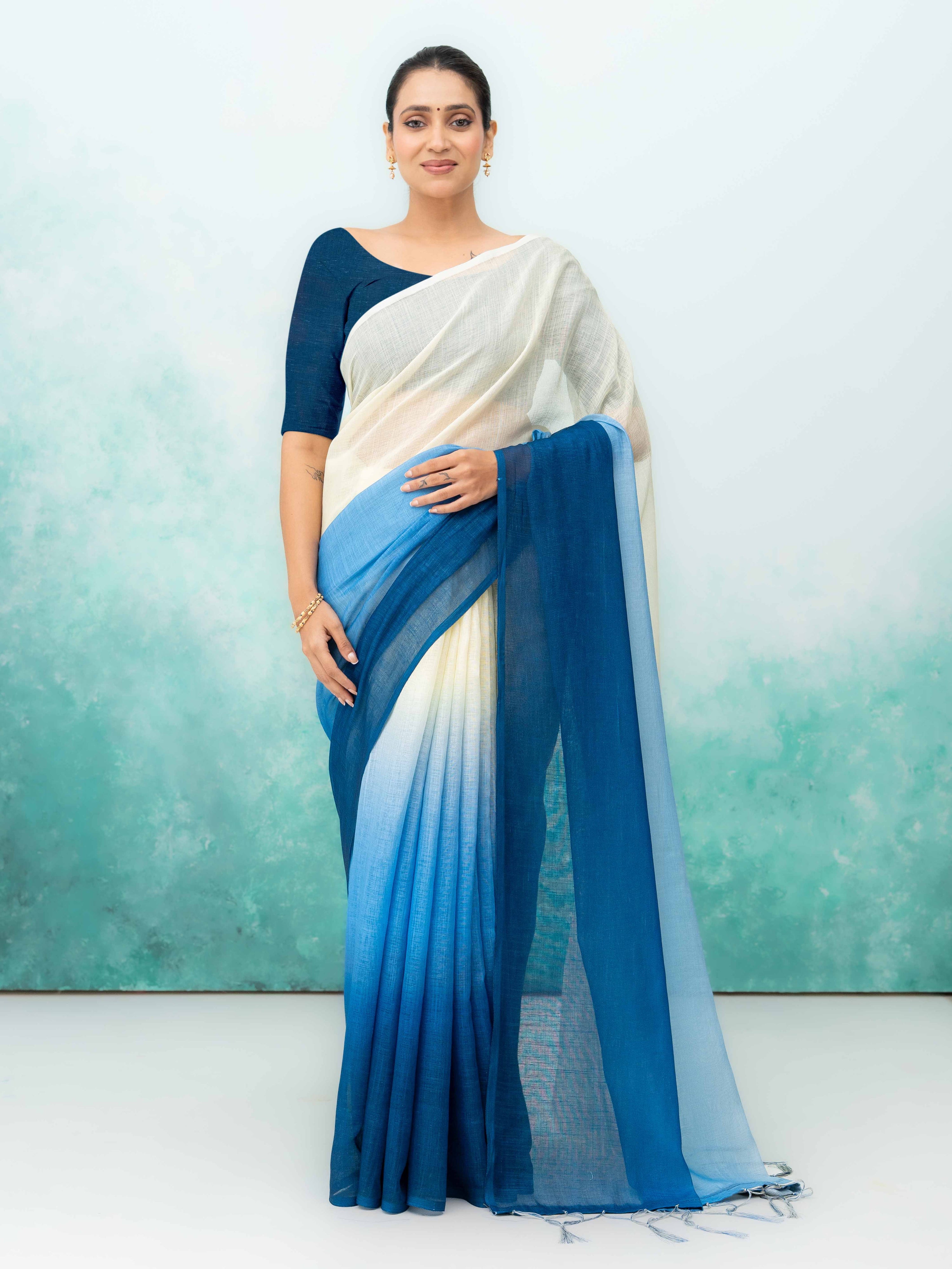 Navy Blue Cotton Linen Saree