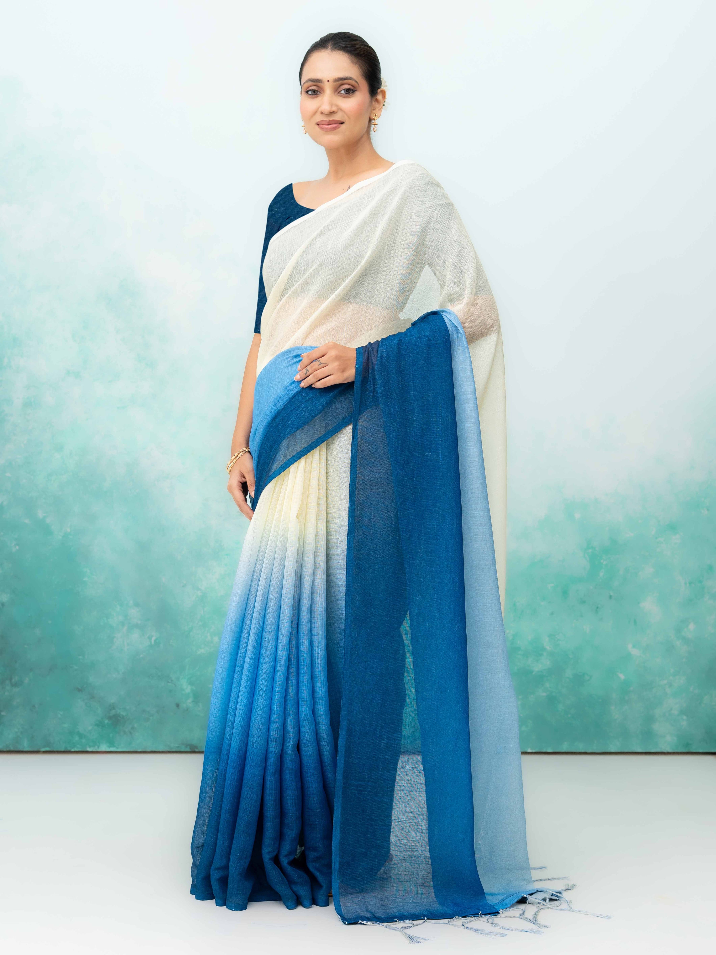 Navy Blue Cotton Linen Saree