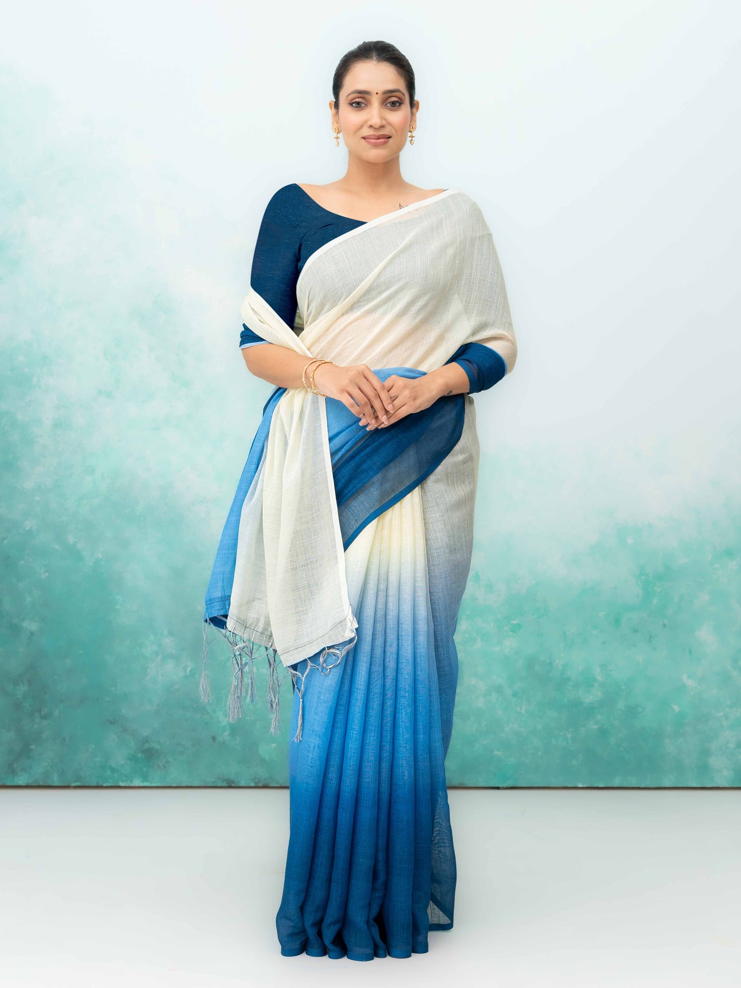 Navy Blue Cotton Linen Saree