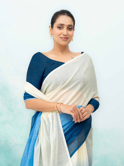 Navy Blue Cotton Linen Saree