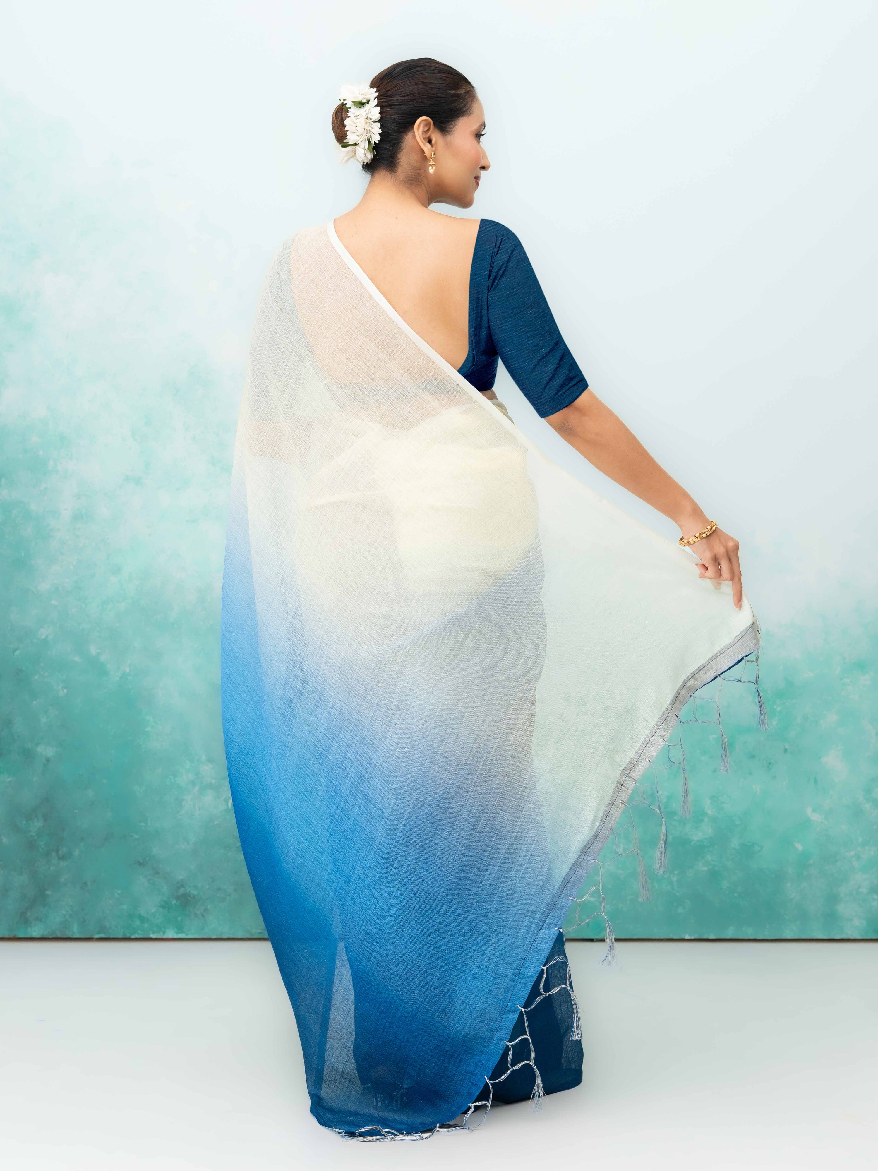Navy Blue Cotton Linen Saree
