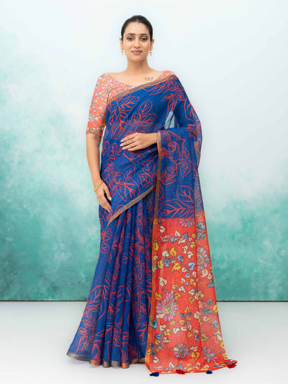 Blue Cotton Linen Saree