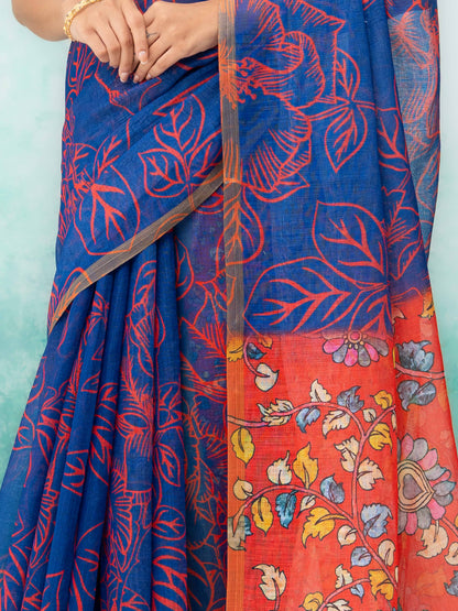 Blue Cotton Linen Saree
