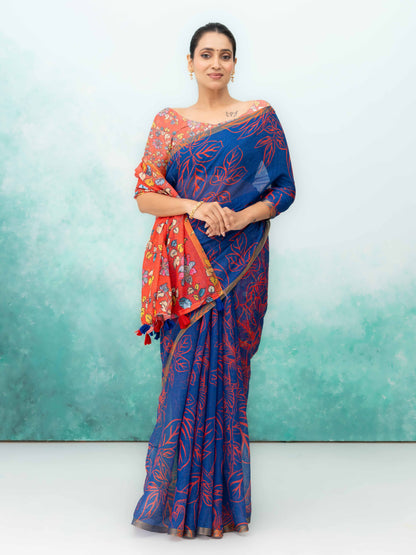Blue Cotton Linen Saree