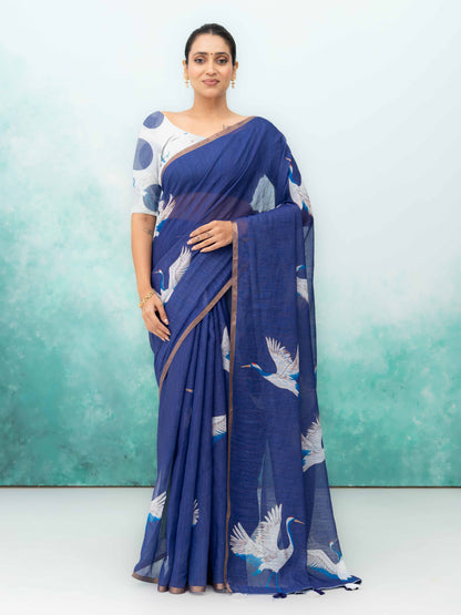 Royal Blue Cotton Linen Saree