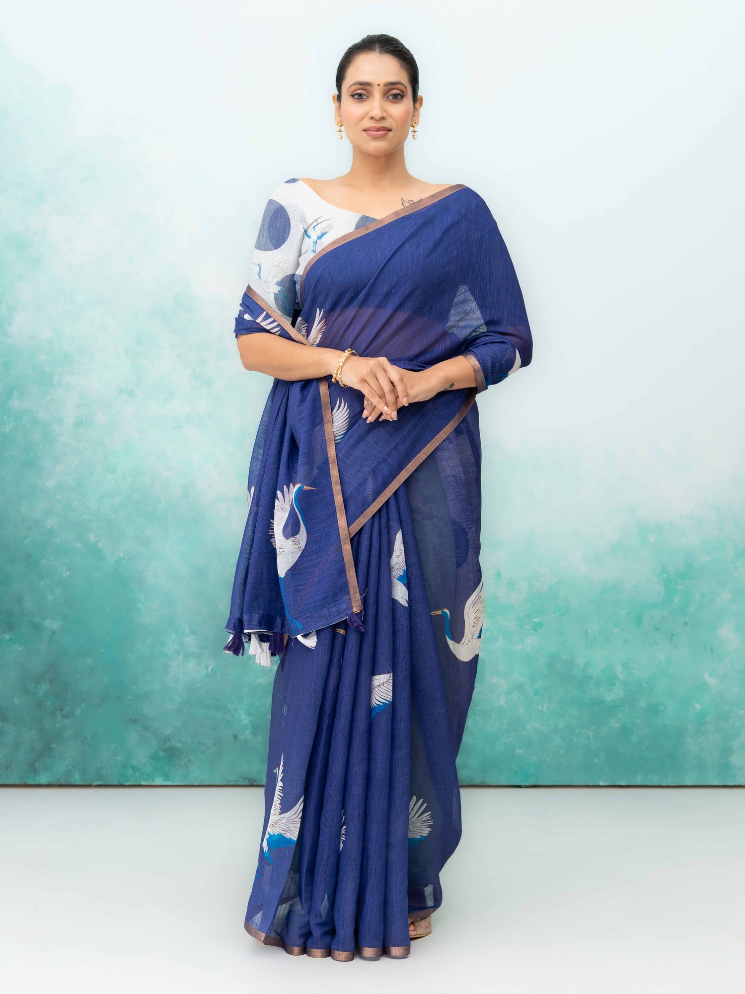Royal Blue Cotton Linen Saree