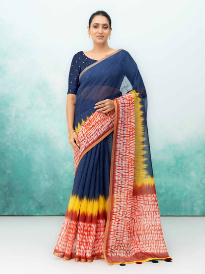 Navy Blue &amp; Multicolor Cotton Saree