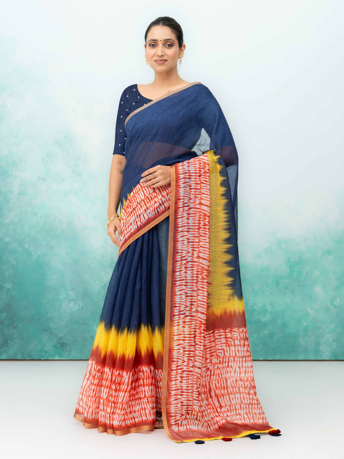 Navy Blue &amp; Multicolor Cotton Saree
