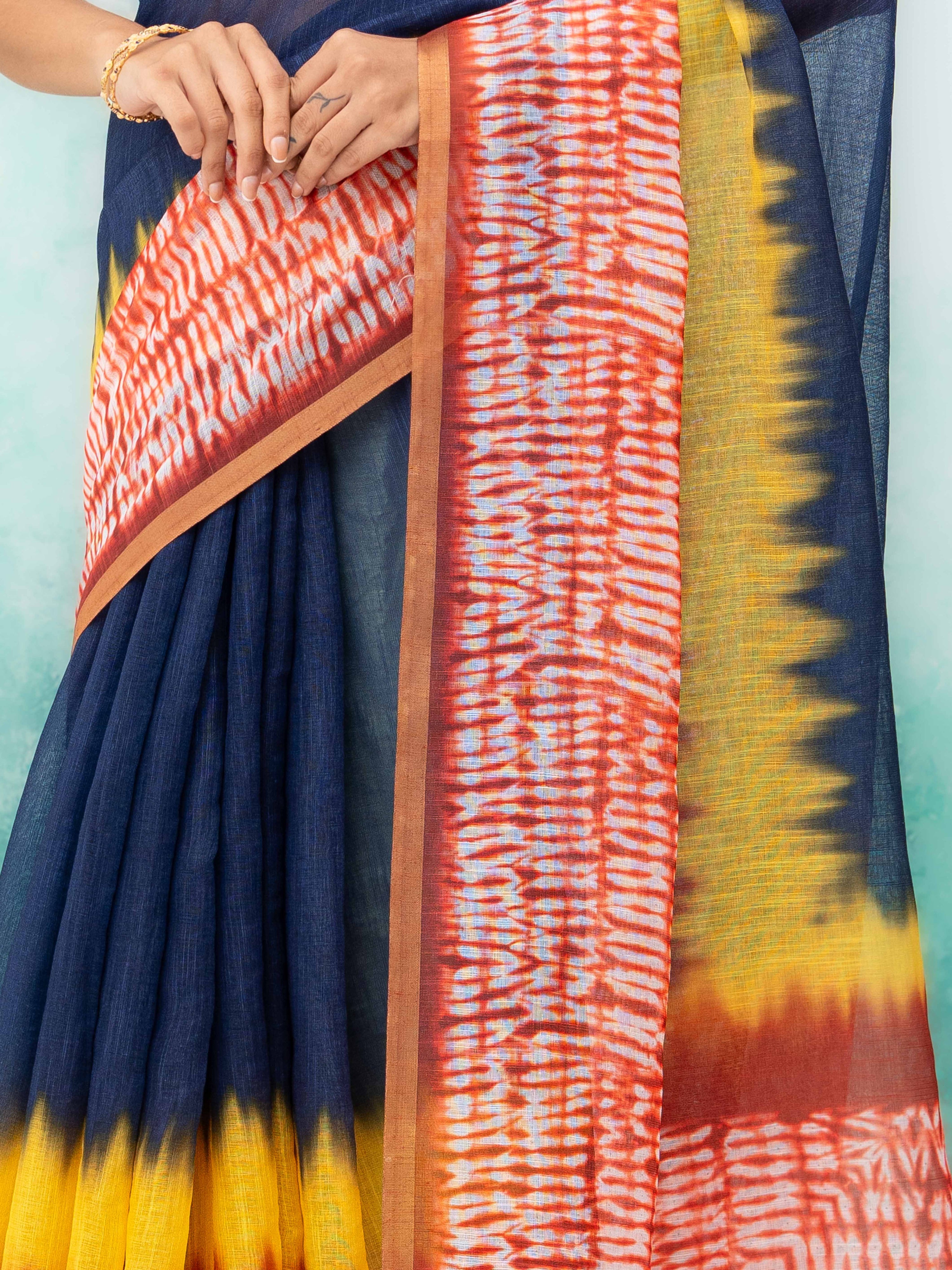 Navy Blue &amp; Multicolor Cotton Saree