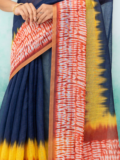 Navy Blue &amp; Multicolor Cotton Saree